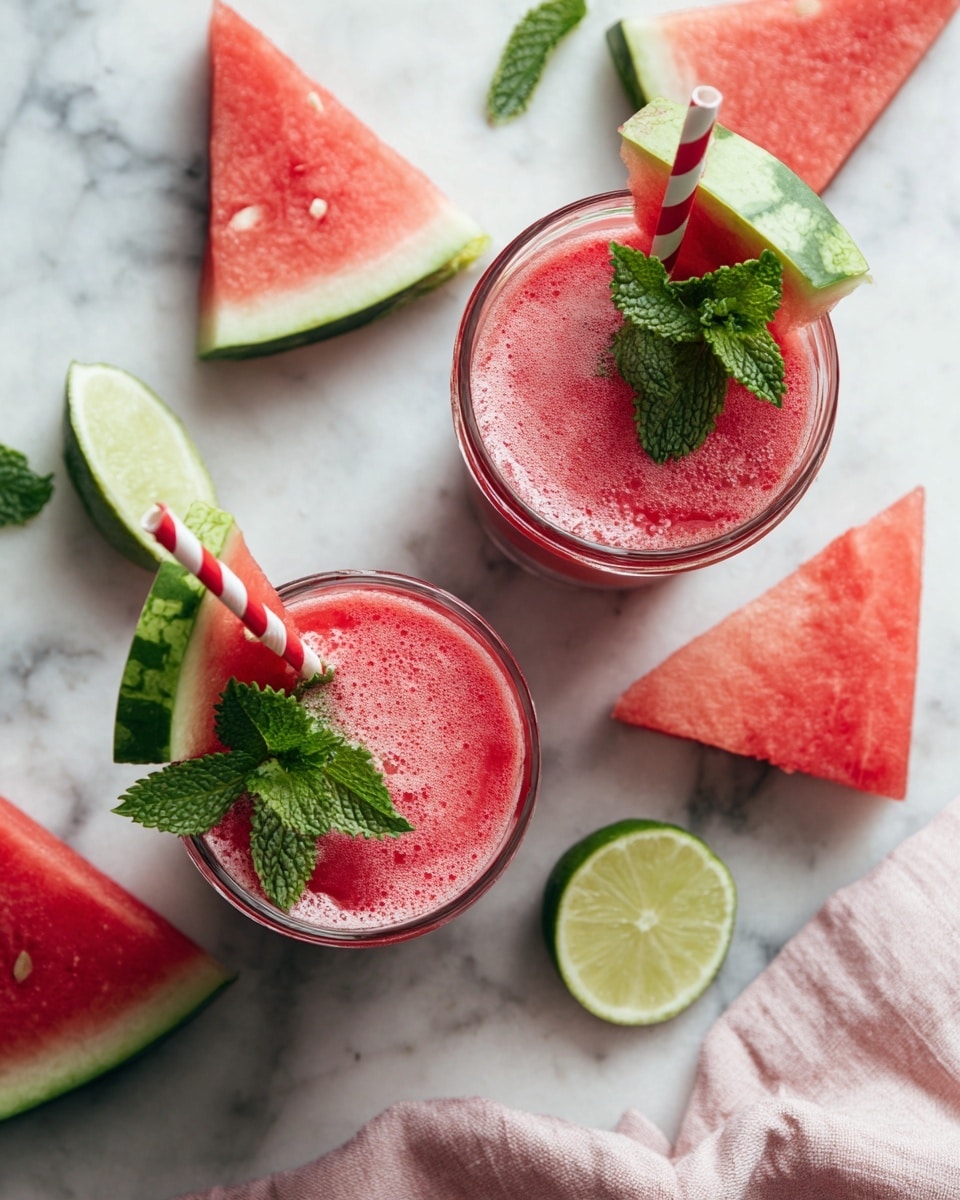 Two glasses of pink watermelon juice are placed on a white marbled surface, each glass topped with a green watermelon rind piece and fresh mint leaves. Each glass also has a red and white striped straw. Around the glasses, there are four triangular slices of watermelon with green rinds and bright red flesh, along with small wedges of lime scattered on the surface. A light pink cloth is partially visible at the bottom right corner. photo taken with an iphone --ar 4:5 --v 7