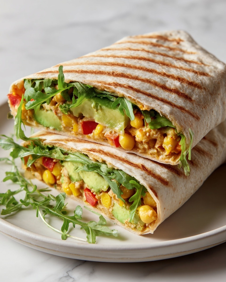 Two halves of a wrap are placed on a white plate with a subtle textured pattern and a light brown rim, sitting on a white marbled surface. Each wrap shows three main layers inside: a soft, light brown tortilla on the outside, a layer of bright green leafy vegetables, and a mix of yellow chickpeas, pale green avocado slices, and small pieces of red tomatoes. The wraps have clear grill marks, adding a slight striped texture on the tortilla. The overall look is fresh and colorful with a neat, compact shape. Photo taken with an iphone --ar 4:5 --v 7