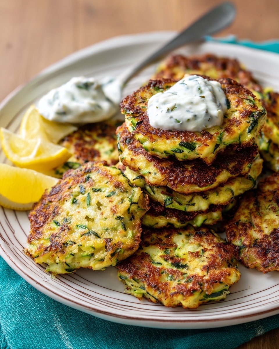 The image shows a white plate with brown stripes filled with several golden brown, round fritters with visible green herbs and small chunks, stacked closely together. One fritter at the front center has a dollop of white creamy sauce with small green herb pieces on top. To the right of the plate, there are three lemon wedges placed near the fritters. Next to the plate, a silver spoon with a wooden handle holds some of the white sauce. The background is a white marbled surface with a blurred blue-green cloth visible in the upper right corner. photo taken with an iphone --ar 4:5 --v 7