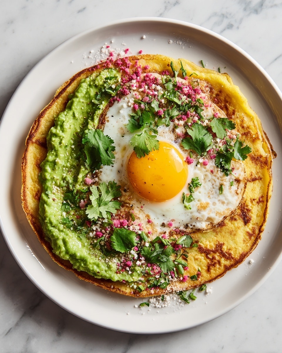 The dish shows a single thick pancake as the bottom layer, with a golden brown, slightly crispy texture and uneven edges. On top of the pancake is a spread of bright green mashed avocado on one side, smooth with some small chunks visible. Next, there is a sunny-side-up fried egg placed in the center right, with a bright yellow yolk that looks soft and shiny, surrounded by firm white edges with slight browning. Around the egg and avocado, there are small bright pink granules and green cilantro leaves scattered for decoration. The plate beneath is white, sitting on a white marbled surface. Photo taken with an iphone --ar 4:5 --v 7