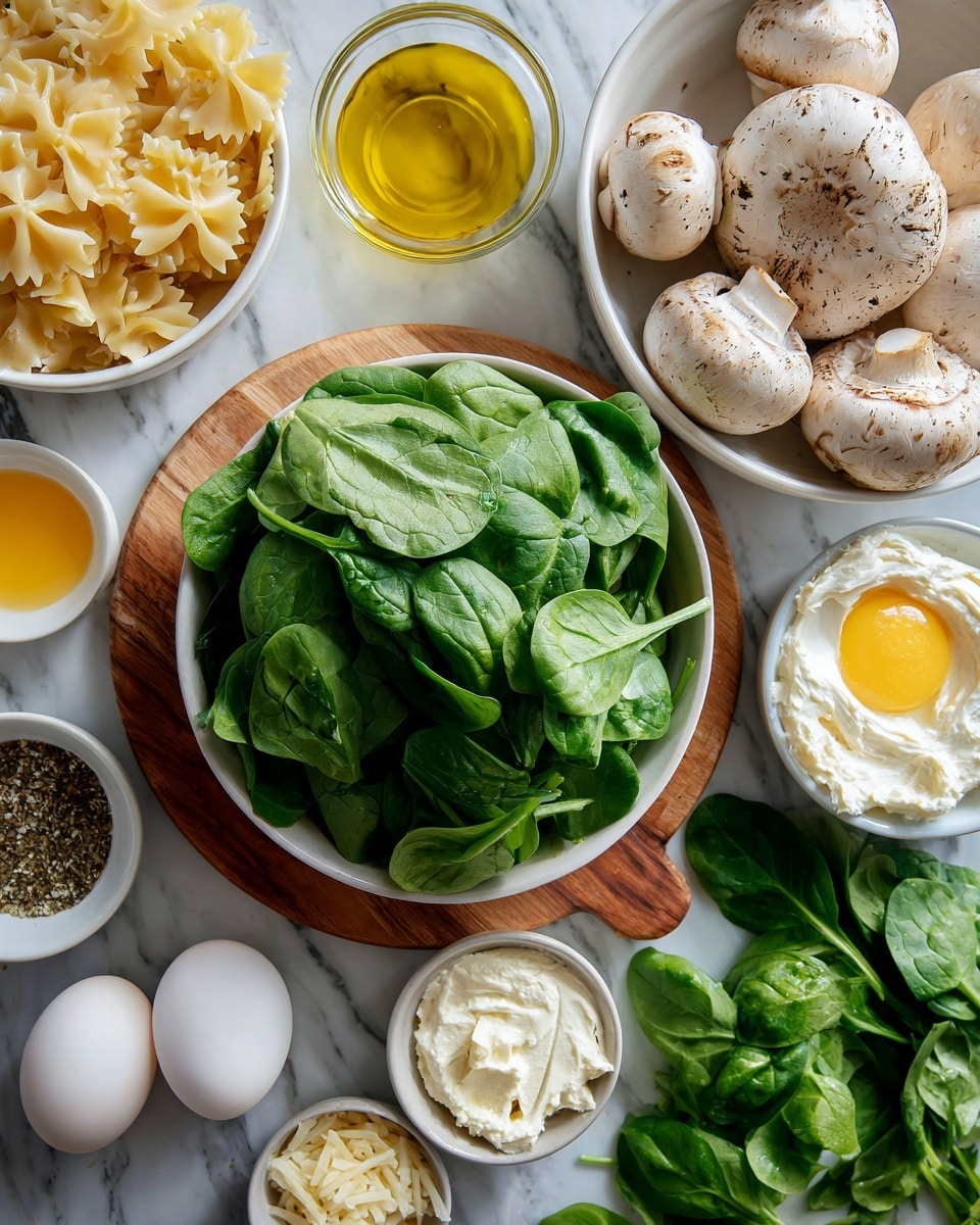 The image shows multiple ingredients arranged neatly on a white marbled surface. There is a large white bowl filled with fresh green spinach leaves placed on a wooden board in the center. To the top right of it, a white bowl contains whole white mushrooms with light brown specks. To the top left, uncooked farfalle pasta with a light yellow color is next to a small glass bowl of golden olive oil. Near the bottom, there are two white eggs, a small white bowl with olive oil, a bowl with a soft cream cheese-like white spread, and smaller bowls holding a pale yellow spread, white grated cheese, and mixed seasoning with salt and pepper. Additional spinach leaves are spread out on the surface on the right side. photo taken with an iphone --ar 4:5 --v 7