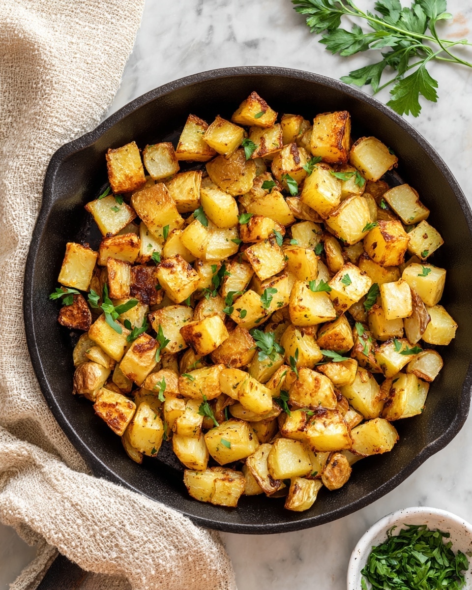 A black cast iron pan holds one layer of golden brown diced potatoes with some pieces showing light crispy edges and thin skin on some cubes, giving a mix of light yellow, golden, and light brown colors. Small green parsley leaves are scattered on top for color contrast. The pan is placed on a white marbled surface, with a small white bowl of fresh parsley in the bottom right corner and a beige textured cloth on the left side. The photo taken with an iphone --ar 4:5 --v 7