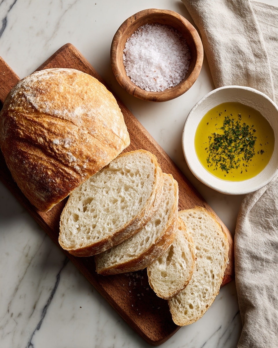 A wooden board on a white marbled surface holds two loaves of bread, one whole on the left and one sliced on the right showing five thick, rough textured slices in pale beige with some air holes; near the bread is a small wooden bowl filled with coarse white salt, and a white small round bowl containing golden olive oil with green herbs floating inside; the top right corner features a beige linen cloth, adding soft texture to the scene. photo taken with an iphone --ar 4:5 --v 7
