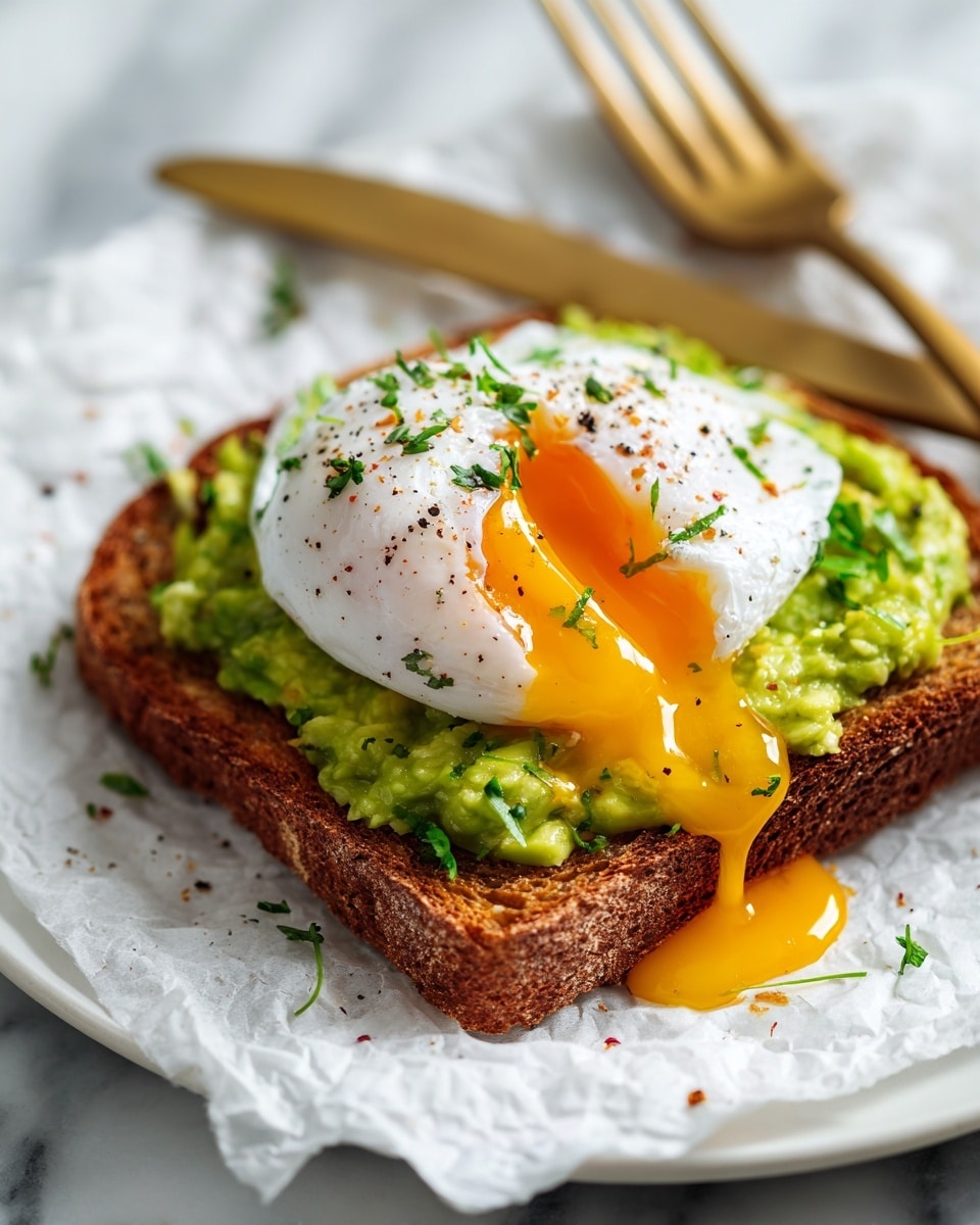 A single thick slice of brown toasted bread sits on a white plate lined with crumpled white paper. The toast is topped with a spread of chunky, light green avocado mash sprinkled with small green herbs. On top of the avocado is a white poached egg with a soft, slightly cracked yolk dripping bright yellow-orange sauce down the sides. The egg is sprinkled with black pepper and more green herbs. In the background, a shiny gold fork and knife rest on the edge of the plate against a white marbled surface. Photo taken with an iphone --ar 4:5 --v 7
