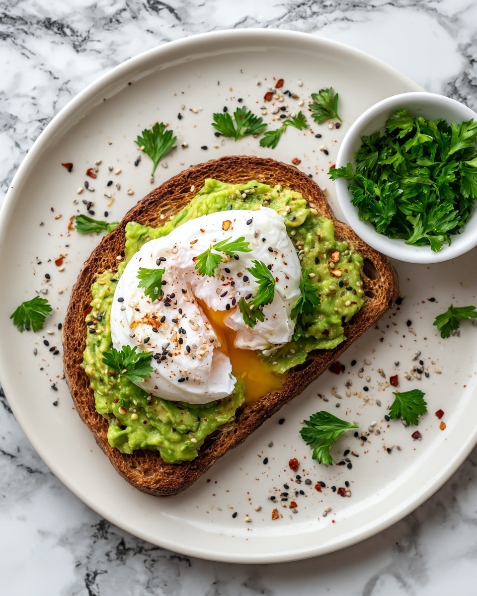 A slice of toasted whole grain bread is the base, topped with mashed avocado spread evenly with bright green bits of cilantro sprinkled on top. On top of the avocado, there is a poached egg with a white and soft texture, cracked open to show the runny yellow yolk dripping slightly. The egg has small bits of black sesame seeds, chili flakes, and chopped green herbs scattered over it. Beside the toast on a white marbled surface, there is a small white bowl with more fresh cilantro. The scene includes a gold fork and knife placed on the side, with the bottom left corner showing half of a green avocado with a brown seed. photo taken with an iphone --ar 4:5 --v 7