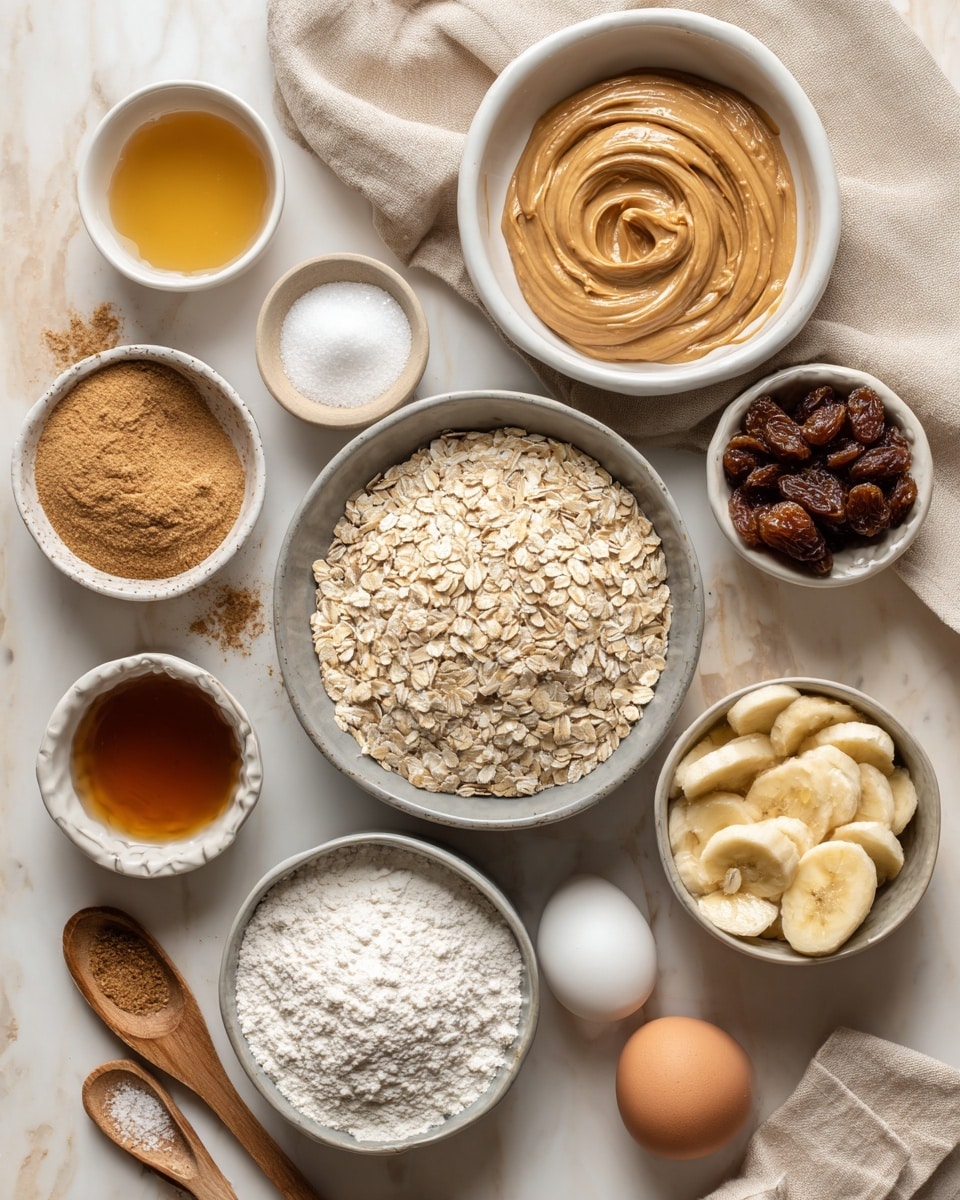 The image shows a top view of several bowls and spoons with different baking ingredients placed on a white marbled surface. In the center, there is a gray bowl full of light beige oats layered evenly. Above it, a white bowl holds swirled creamy peanut butter with a smooth texture, and to the left, a bowl contains smooth golden honey. Next to the peanut butter, a small white bowl has a fine white powder, probably sugar, and a tiny round white bowl holds salt. To the right, a large scoop filled with dark brown raisins rests on the surface with some raisins spilled beside it. Below the oats, a bowl with mashed bananas shows its uneven creamy texture, and beside it, a white bowl holds a brown liquid, likely syrup. An egg in a small white holder is placed below next to a white bowl with white flour. A white spoon on the left contains brown cinnamon powder, and another wooden spoon on the right has salt. The natural fabric beige napkin lies underneath some bowls, adding a soft touch to the setting. photo taken with an iphone --ar 4:5 --v 7