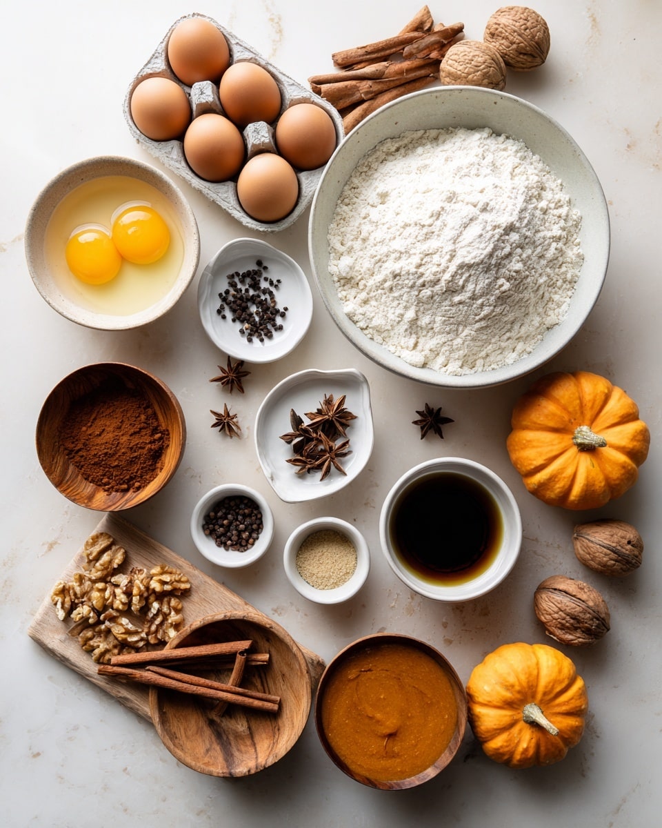 The image shows an organized top-down view of baking ingredients arranged neatly on a white marbled surface. There are three small white bowls with dark cloves, light powder, and brown seeds placed near the center. A large white bowl filled with white flour sits to the right, close to two small orange mini pumpkins. On the left, a white bowl holds two cracked eggs with bright orange yolks, next to a carton with five whole brown eggs. Multiple wooden bowls and a small white bowl contain various ingredients like whole walnuts, cinnamon sticks on a wooden board, a yellow liquid, a dark brown liquid with star anise, and a smooth orange puree. The mixture of textures ranges from rough nuts and cinnamon bark to fine powders and thick liquids, all arranged in a balanced and visually pleasing way. photo taken with an iphone --ar 4:5 --v 7