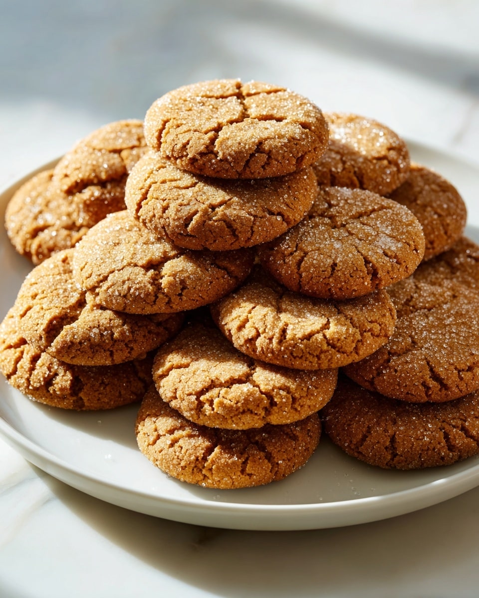 A white round plate holds a pile of twelve cracked cookies with a golden-brown color, some slightly darker than others, showing a textured surface with sugar sprinkled on top. The cookies are arranged in a loose stack, overlapping each other on a white marbled surface with light and shadow falling across the plate and cookies. Photo taken with an iphone --ar 4:5 --v 7
