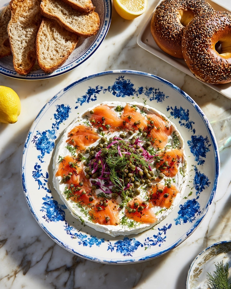 The dish is arranged on a white plate with blue floral patterns. It has three main visible layers: the base layer is a spread of creamy white cheese, on top of which small pieces of orange salmon are placed evenly in a circular pattern around the plate. In the center, there is a mound of green capers mixed with small pieces of purple-red onion. The whole dish is garnished with small green herb sprigs and thin lemon peel strips scattered over it. The plate is on a white marbled surface next to slices of toasted bread on a white plate with blue patterns, two whole bagels with seeds, and two lemon halves with dill sprigs nearby. The lighting is bright and natural, highlighting all colors clearly. Photo taken with an iphone --ar 4:5 --v 7