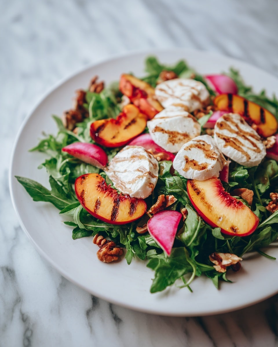 A white plate holds a fresh salad arranged in layers starting with a base of dark green arugula leaves, scattered with thin, round slices of pale pink radish. Over this, there are bright orange and red peach slices, some with dark grill marks, placed evenly around the salad. Dollops of smooth, white burrata cheese are spread across the top, each drizzled with a shiny brown balsamic glaze. Small clusters of toasted walnuts add a rough, brown texture and are sprinkled throughout, all set against a white marbled surface background photo taken with an iphone --ar 4:5 --v 7