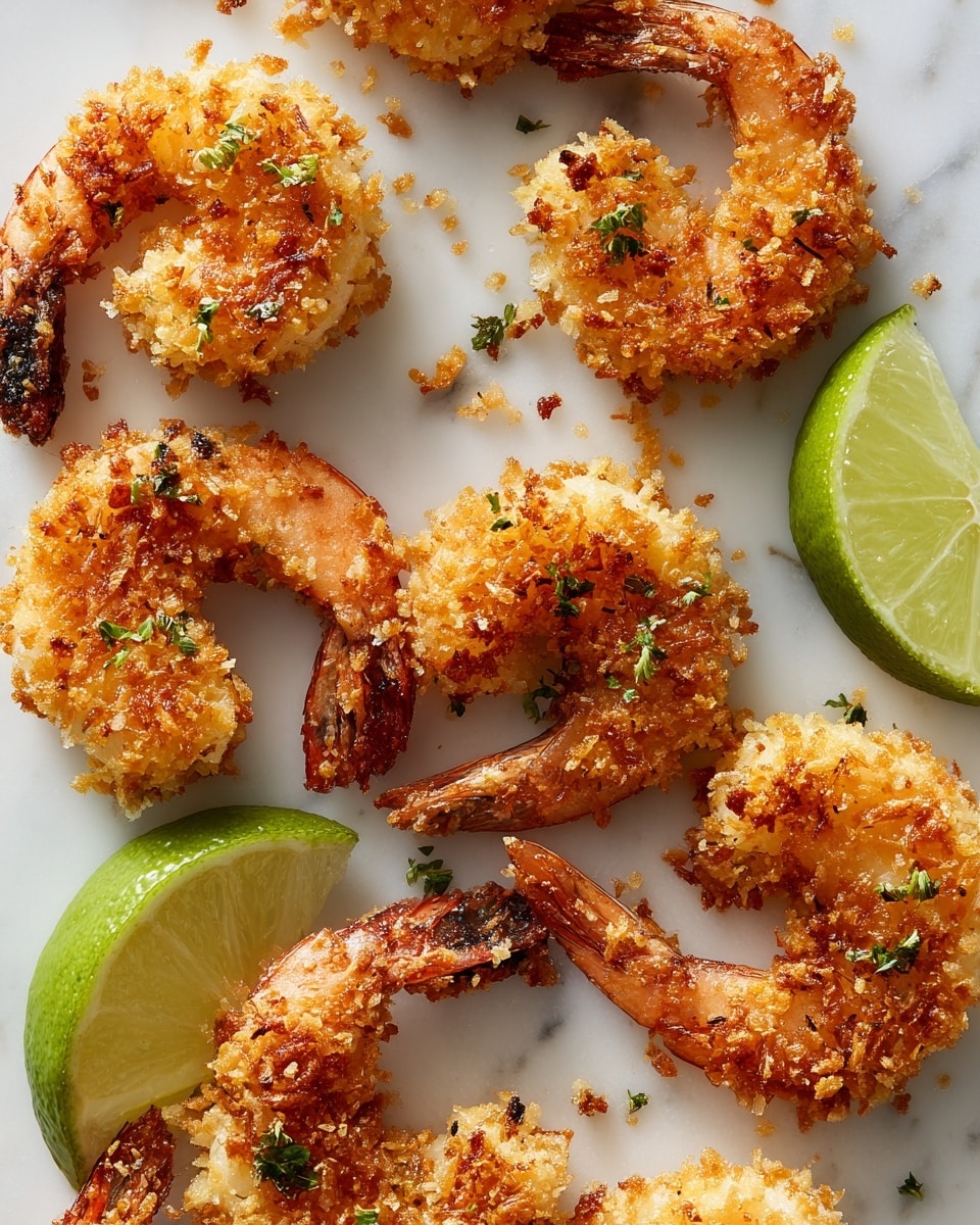 A close-up view of several fried shrimp scattered across a white marbled surface, each shrimp covered in a golden brown, crispy coating with a rough texture from shredded flakes. The shrimp have a curved shape, showing bits of pink from inside the breading. Small green herb pieces are sprinkled on top of some shrimp, adding a fresh color contrast. A bright green lime wedge is placed near the bottom right, cutting into the scene with a juicy, textured inside. The lighting highlights the crunchy texture and warm colors of the shrimp. photo taken with an iphone --ar 4:5 --v 7