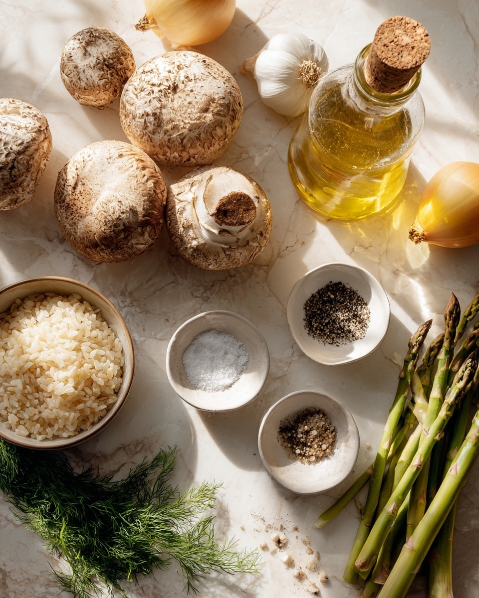 The image shows a group of fresh ingredients arranged on a white marbled surface. There are four large light brown mushrooms with textured caps placed mostly on the left side, next to several green asparagus stalks and two light yellow onions in the middle near the back. Near the right side, there is a clear glass bottle filled with golden olive oil topped with a cork. In front of the bottle, there are three small white bowls filled with white salt, mixed black and white pepper, and dried green herbs. A small bowl of light brown rice is placed near the bottom left, next to a sprig of fresh green dill that lies slightly to the right. The light casts soft shadows across the scene, creating a warm and natural look. Photo taken with an iphone --ar 4:5 --v 7