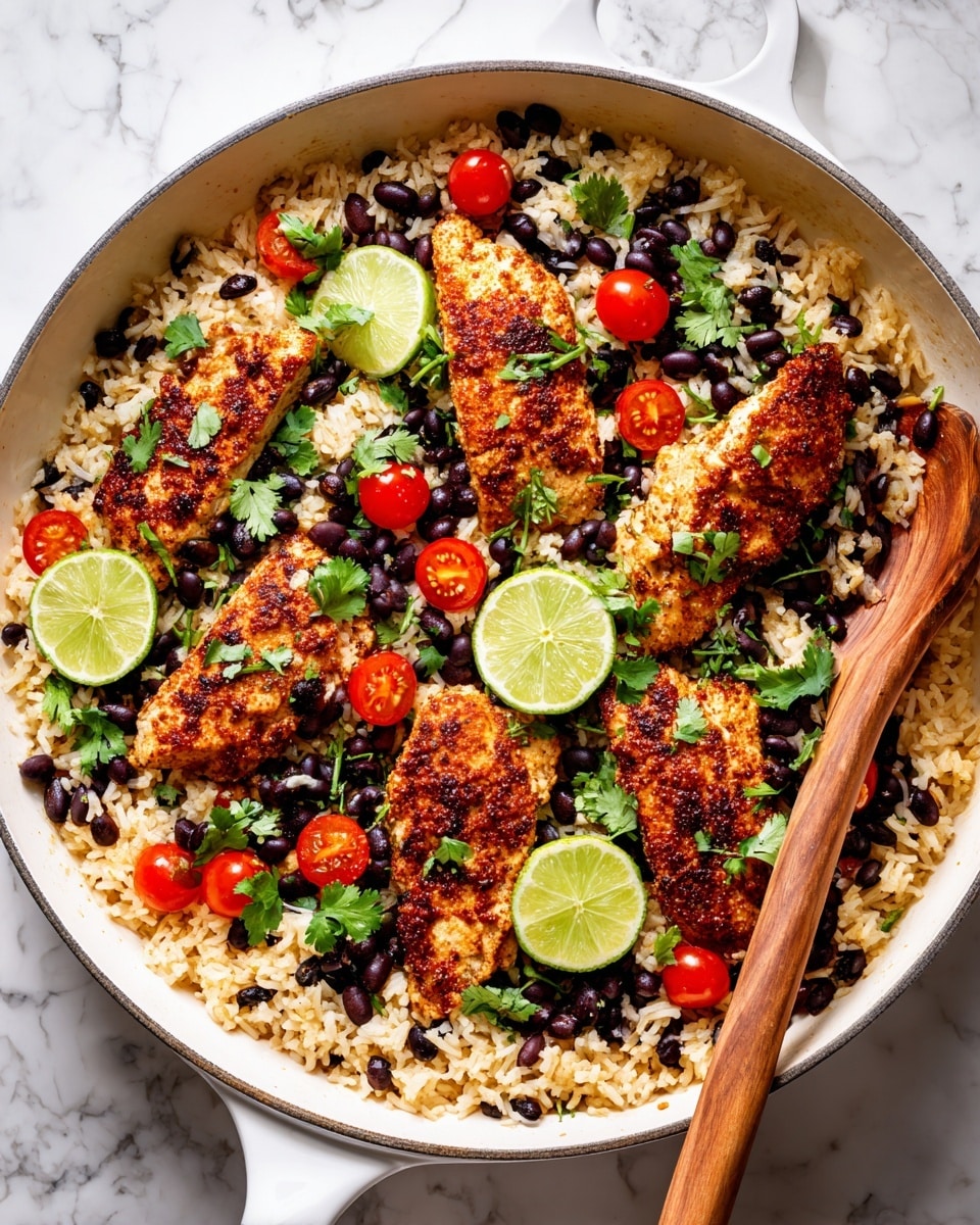 A white large pot filled with a base layer of yellowish cooked rice mixed with black beans scattered throughout, topped with five browned spiced pieces of cooked fish evenly spaced on the rice. Bright red halved cherry tomatoes and vibrant green cilantro leaves are scattered on top of the fish and rice, with two lime wedges positioned within the pot. A wooden spoon with a metal scoop is resting inside the pot near the bottom left, partly submerged in the rice and beans. The pot is placed on a white marbled surface. Photo taken with an iphone --ar 4:5 --v 7