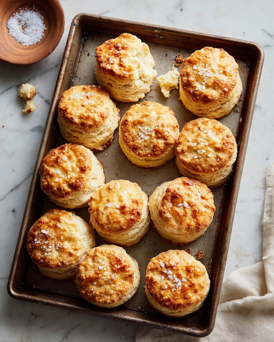 A close-up view of a metal baking tray filled with golden brown biscuits arranged tightly in a grid. Each biscuit has a slightly shiny, flaky top sprinkled with coarse salt crystals, showing light and darker golden-brown spots. One biscuit on the top left is broken, revealing a soft, crumbly, and light yellow inside. In the background, atop a white marbled texture, there is a small wooden bowl with white salt crystals and some loose salt pieces scattered nearby. Photo taken with an iphone --ar 4:5 --v 7