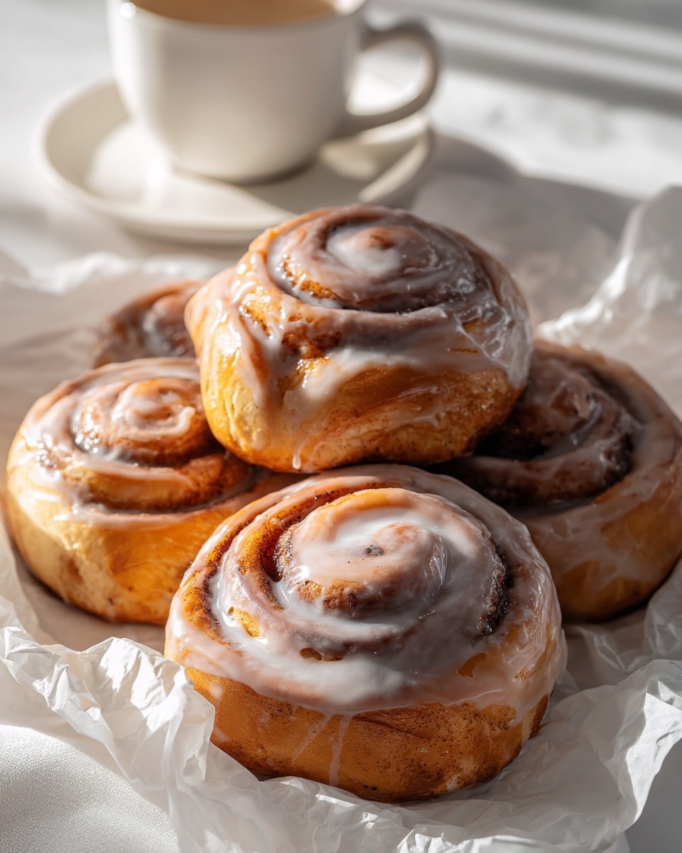 The image shows a close-up of several cinnamon rolls stacked closely together on white crumpled paper, forming visible layers of spiraled dough and cream-colored glaze that covers the tops and sides. The rolls have a warm golden-brown color, and the glaze is smooth and slightly shiny, looking soft and sweet. The background has a white marbled texture, and part of a white cup on a saucer is visible blurry in the top background. The lighting is warm, highlighting the texture and gloss of the glaze on the rolls. photo taken with an iphone --ar 4:5 --v 7