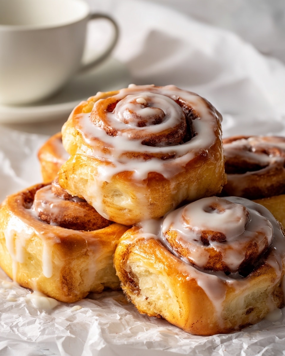 Several cinnamon rolls are stacked closely together on a white marbled surface covered with crumpled white parchment paper. Each roll has multiple thick spiral layers with a warm brown color showing the dough and cinnamon filling, topped with a smooth, shiny white glaze that covers the top and some sides. Sunlight highlights the glaze giving it a slight shine and creates soft shadows between the layers. In the background, a white cup on a white saucer is partially visible, slightly out of focus. Photo taken with an iphone --ar 4:5 --v 7