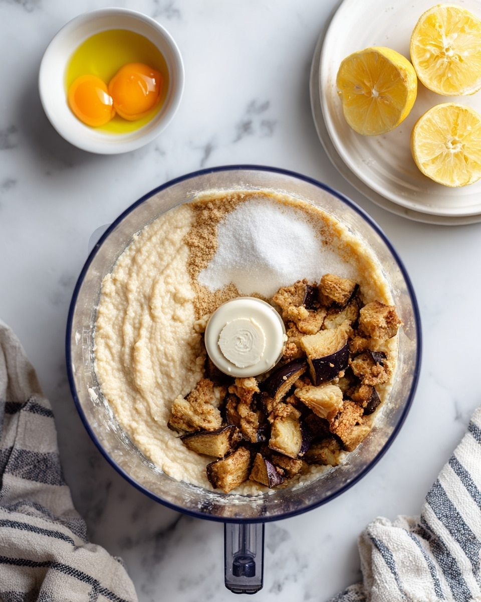 A food processor bowl sitting on a white marbled surface with a striped cloth nearby, showing several ingredients inside before mixing: a layer of mashed light beige substance filling half the bowl, two raw yellow egg yolks to the left, white granulated sugar at the bottom, and chunky pieces of light brown and tan cooked vegetable (likely eggplant) on the bottom right. A white plate with two lemon halves is partially visible on the right side. The photo taken with an iphone --ar 4:5 --v 7