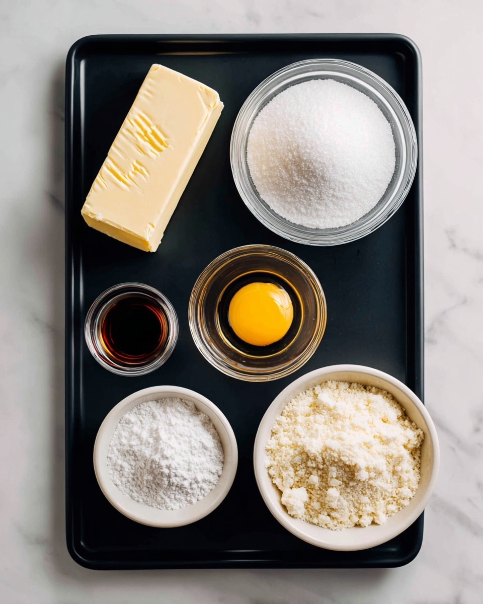 A black tray holds six ingredients on a white marbled surface. In the top left corner is a pale yellow stick of butter with measurement lines visible. To the right is a clear glass bowl filled with white sugar, showing a fine texture. Below the butter is a small clear bowl with a raw egg, the bright yellow yolk centered in the transparent egg white. Next to the egg is a smaller dark amber liquid in a clear bowl labeled vanilla. Below that is a tiny bowl of white baking powder, soft and powdery in texture. On the bottom right corner is a white bowl filled with a mix of almond, coconut, and tapioca flour, showing pale beige crumbly flour with some white powdered bits on top. All the items sit on a rectangular black tray. Photo taken with an iphone --ar 4:5 --v 7