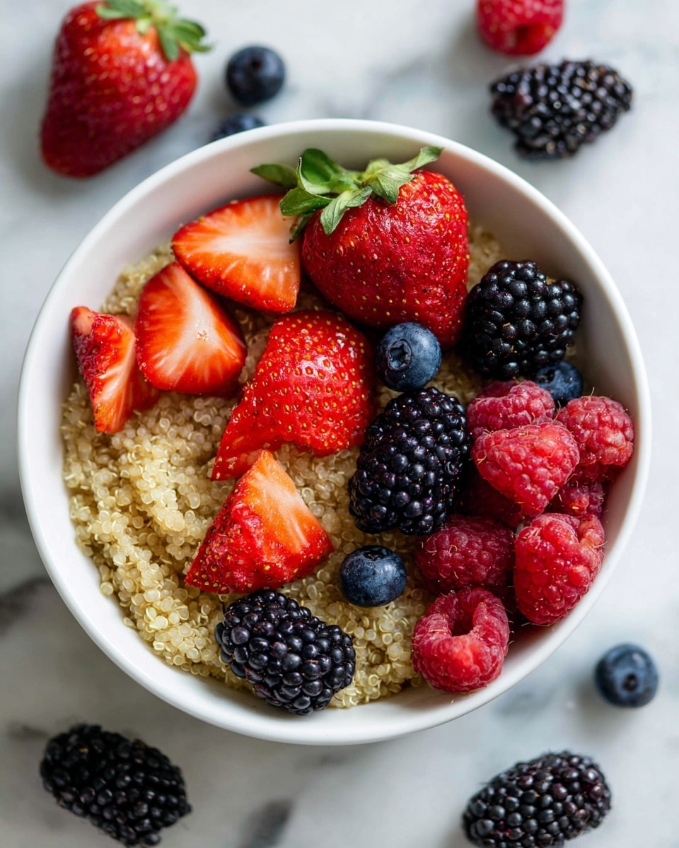 A white bowl filled with three layers: the bottom layer is light beige cooked quinoa with a soft, grainy texture, the middle layer has whole and halved bright red strawberries scattered evenly, some showing their seeds and green leafy tops, and the top layer has clusters of shiny blackberries, plump red raspberries, and a few small dark blue blueberries placed on top. The bowl sits on a white marbled texture surface with a few blackberries scattered around. photo taken with an iphone --ar 4:5 --v 7