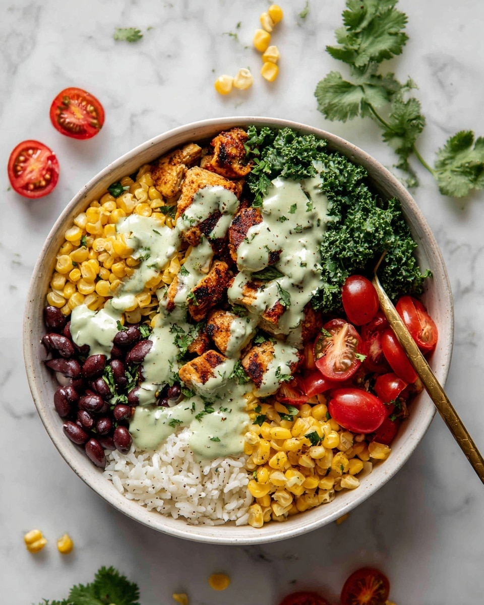 The dish is shown in a white bowl on a white marbled surface. It has five main layers: the first layer is white rice spread across the bottom left, the second layer is dark red beans placed at the bottom right next to the rice, the third layer consists of grilled brown chicken pieces scattered over the rice and beans, the fourth layer is bright yellow corn kernels sprinkled on top of the chicken and rice, and the fifth layer includes fresh green kale and halved red cherry tomatoes arranged around the top edge. A light green creamy sauce is drizzled across the whole bowl, and a few sprigs of fresh green cilantro rest on top. A gold spoon is partially visible on the right side of the bowl. Photo taken with an iphone --ar 4:5 --v 7