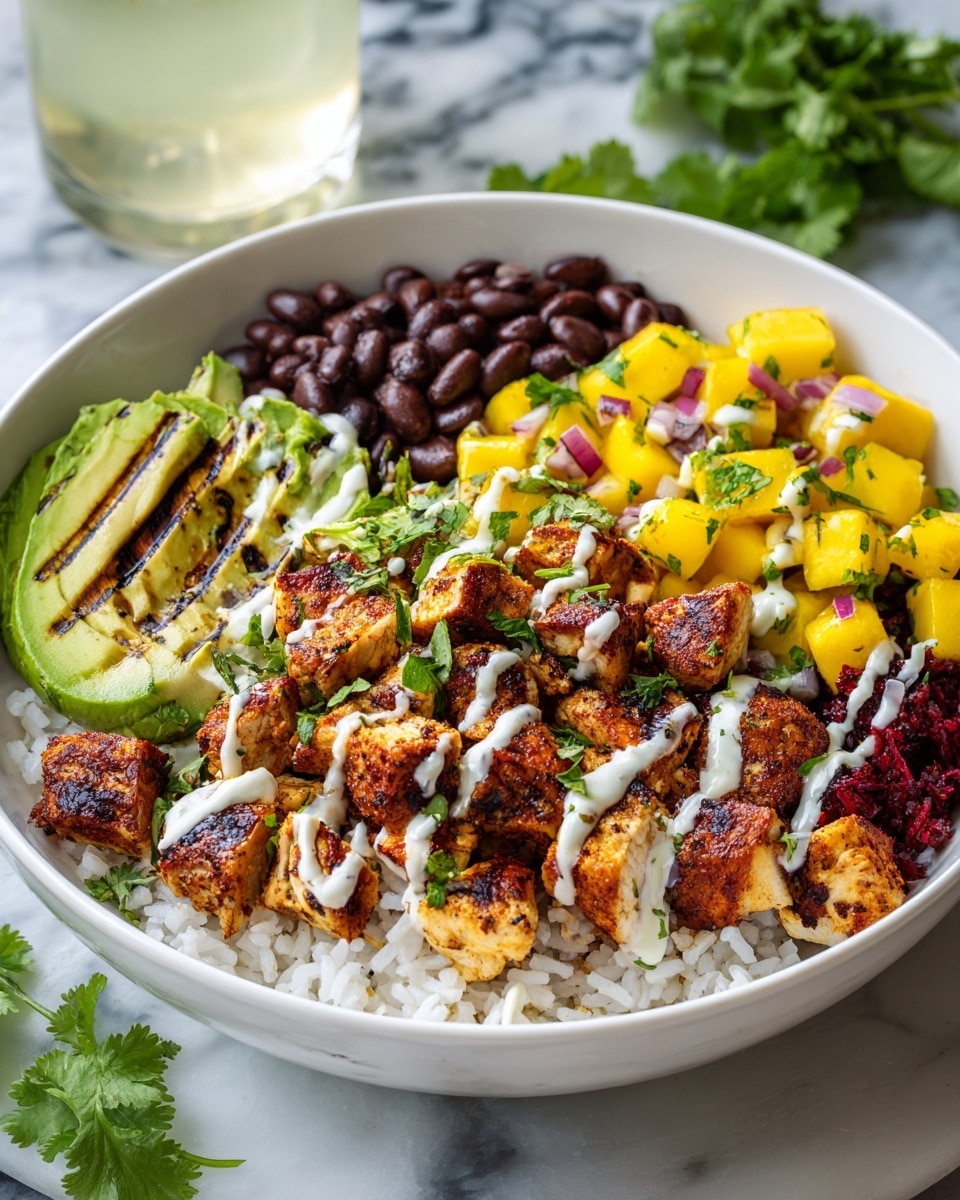 A white bowl filled with five main layers, starting with a base layer of white rice at the bottom right. On top of the rice and to the left side are dark brown beans grouped closely together. Next to the beans, on the left edge, is grilled avocado with light green flesh and grill marks, drizzled with white creamy sauce. The center and right side are covered with golden-brown seasoned chicken chunks, also topped with drizzles of the same white sauce. On top of the chicken and scattered around the bowl are bright yellow mango cubes mixed with small red and purple diced vegetables, all garnished with fresh green cilantro leaves. The bowl sits on a white marbled surface, and some green cilantro sprigs are visible in the blurred background, along with a clear glass of light yellow drink. Photo taken with an iphone --ar 4:5 --v 7