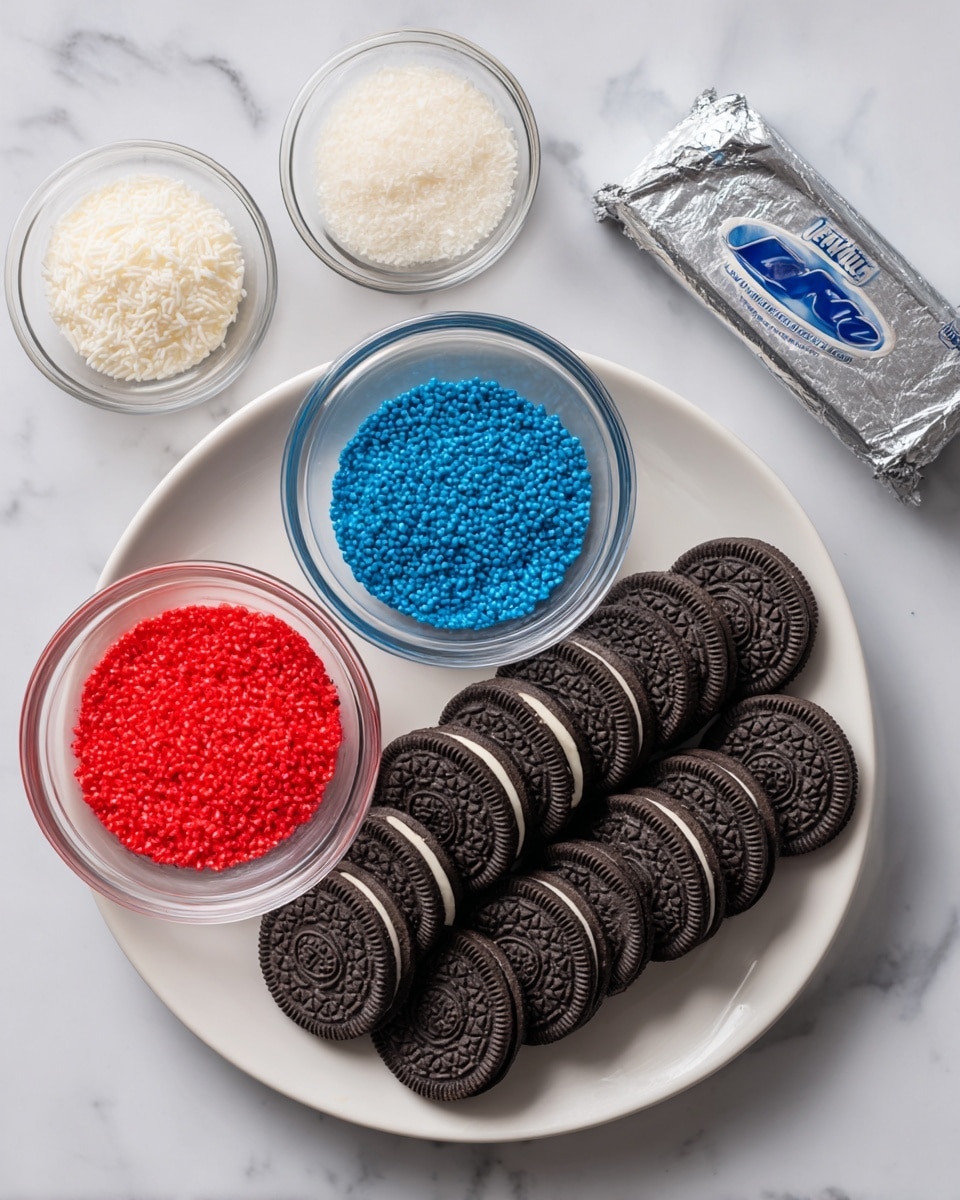 The image shows a white plate filled with two layers of dark brown sandwich cookies arranged neatly in a circular pattern. Surrounding the plate are five clear glass bowls and one foil-wrapped block of cream cheese. The bowls contain different colored candy melts or chips: one with white melts, one with bright red melts, one with blue melts, and one with fine white crumbs or shavings. The cream cheese block is silver with blue writing. All items are placed on a white marbled surface. photo taken with an iphone --ar 4:5 --v 7