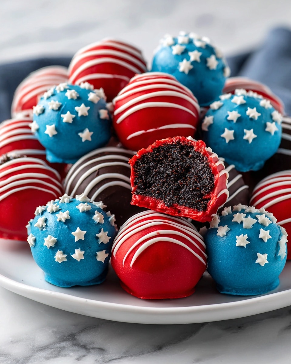 The image shows a white plate filled with round cake balls decorated in a patriotic theme. There are two main designs: one covered in smooth blue coating with tiny white star shapes scattered all over the surface, and another coated in bright red with thin white lines drizzled over in a swirl pattern. One red cake ball is bitten in half, revealing a dark, crumbly chocolate cake inside. The plate sits on a white marbled surface. photo taken with an iphone --ar 4:5 --v 7