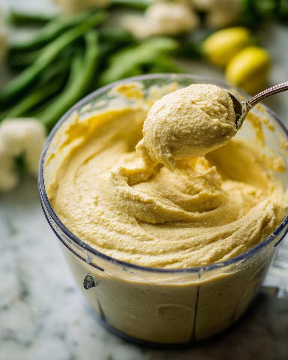 A clear food processor bowl filled with a thick, pale yellow mixture with a creamy and slightly bumpy texture; a spoon lifts some of the mixture above the bowl, showing its thick and soft consistency. The background includes blurred green and yellow vegetables on a white marbled surface. Photo taken with an iphone --ar 4:5 --v 7