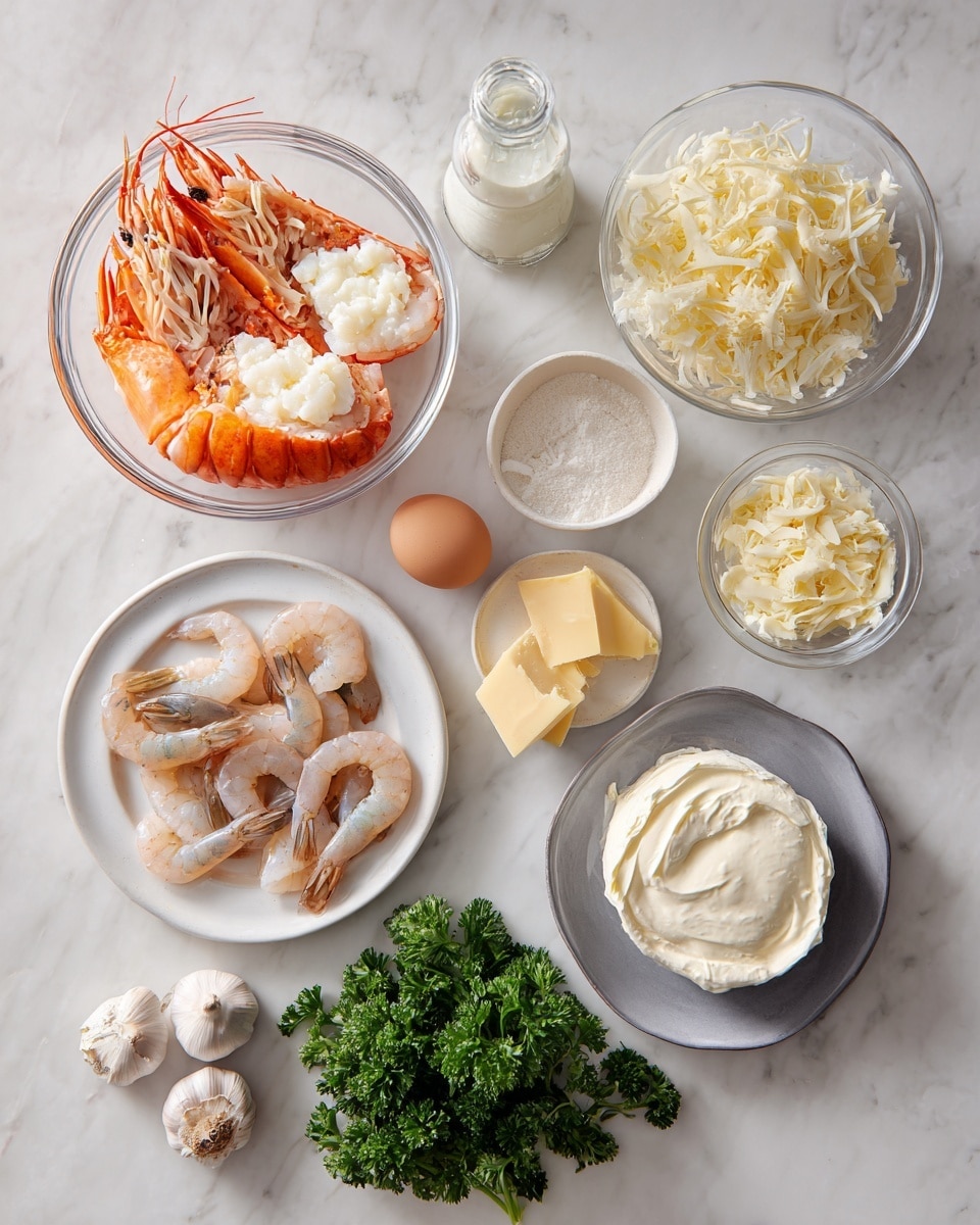 A top-down view of several bowls and plates arranged on a white marbled surface, each holding fresh ingredients for a seafood dish. The largest glass bowl at the top left contains two bright orange cooked lobster tails with white meat visible. Nearby, a white round bowl holds several medium-sized pink cooked shrimp. There is a clear glass bowl filled with shredded white cheese and a small glass bottle with white cream. A gray plate on the bottom right contains peeled shrimp, light beige seafood strips, a small mound of white powder, and a wedge of pale yellow cheese. A white bowl at the bottom center holds smooth cream cheese with a creamy texture. Around these are small items including three whole garlic heads, two whole eggs in a gray bowl, and a white plate full of fresh curly dark green parsley. The whole setup is clean and colorful, ready for cooking. Photo taken with an iphone --ar 4:5 --v 7