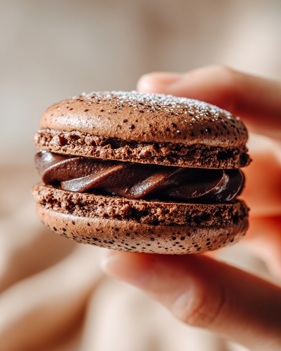 A close-up of a broken chocolate macaron held by a woman's hand with natural light shining on it. The macaron has two rough, dark brown outer shells with tiny holes and a slight dusting of powdered sugar, showing a soft and crumbly texture. Between the shells, there is a thick, smooth, dark chocolate filling, some of which is slightly oozing out from the sides. The background is softly blurred with warm neutral colors, and the image is sharp and detailed on the macaron. photo taken with an iphone --ar 4:5 --v 7