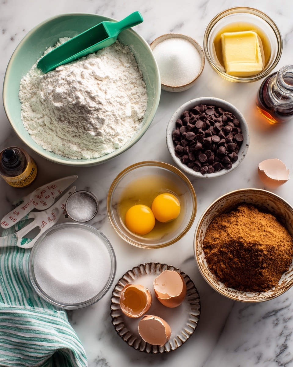 The image shows several ingredients arranged on a white marbled surface. There is a bowl of flour with a green scoop resting inside, a bowl of white sugar, and another bowl of brown sugar on a shiny plate. A bowl of dark chocolate chips is next to a green-striped cloth. Two small glass bowls hold one whole egg yolk and one egg with the yolk visible, with some cracked eggshells beside them. A small bowl contains melted butter, and nearby are measuring tools and a bottle of vanilla extract. The scene has a neat and organized look, ready for baking. Photo taken with an iphone --ar 4:5 --v 7