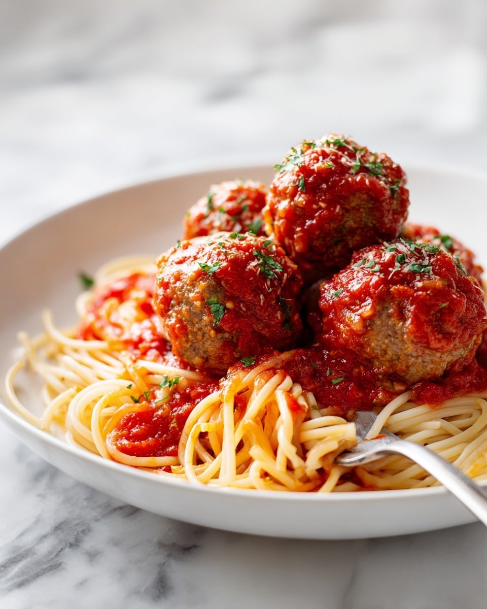 A white plate holds a pile of thin spaghetti noodles at the bottom layer, light yellow with a slight shine. On top are three large round meatballs covered fully in bright red tomato sauce, thick and slightly chunky with visible small herb bits. The middle meatball is slightly raised, resting on the spaghetti, showing texture with small green flecks inside. Tomato sauce drips over all the meatballs and noodles, linking them together. A silver fork lies on the edge of the plate with spaghetti strands wrapped loosely around its prongs. The background is a white marbled texture. photo taken with an iphone --ar 4:5 --v 7