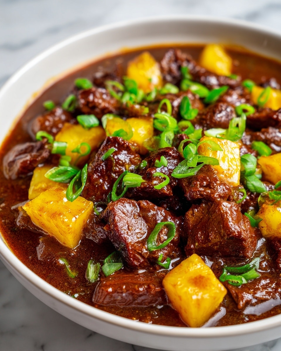 This image shows a close-up of a thick stew with dark brown meat chunks cooked in a shiny brown sauce. Bright yellow pineapple pieces are scattered on top, adding a pop of color. Small green onion slices are sprinkled across the dish, giving fresh green highlights. The stew looks rich and glossy with tender meat pieces and juicy pineapple pieces mixed evenly. The photo is closely focused on the food with no other items visible, and everything sits on a white marbled surface. photo taken with an iphone --ar 4:5 --v 7