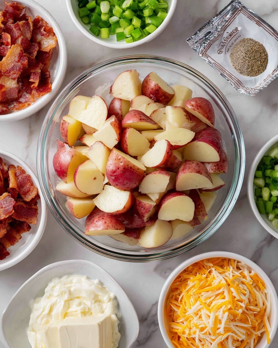 A clear glass bowl filled with chopped red potatoes sits at the top left of the image, showing layers of reddish skin and pale yellow inside. Around it are small white bowls holding ingredients: crispy bacon pieces in one, bright green sliced scallions in another, and shredded orange and white cheddar cheese in a third. Additional white bowls contain chopped green peppers and a creamy white mixture. There is a silver packet of cream cheese on a white marbled surface, next to a small clear bowl of mixed salt, pepper, and garlic powder. The colors are natural and fresh with a neat, organized layout photo taken with an iphone --ar 4:5 --v 7