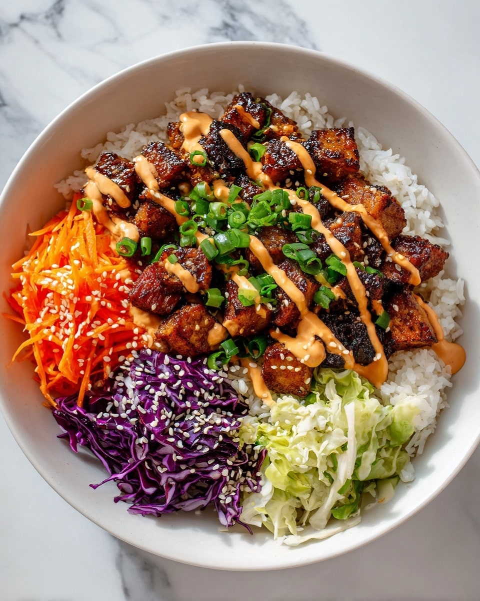 A white bowl is filled with white rice at the bottom layer, topped with four sections of different ingredients arranged around the bowl. One section has bright orange shredded carrots, another has light green cabbage, the third has dark purple shredded cabbage, and in the center is a pile of dark brown grilled chunks with a crispy texture. These chunks are drizzled with a creamy orange sauce and sprinkled with green chopped scallions and white sesame seeds. The bowl sits on a white marbled surface. photo taken with an iphone --ar 4:5 --v 7