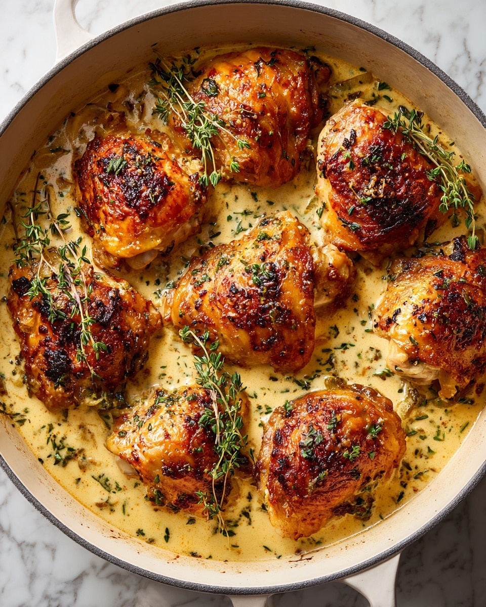 A white pot filled with eight golden brown chicken pieces evenly placed, each piece with crispy skin showing a mix of darker and lighter orange-brown tones. The chicken rests in a creamy pale yellow sauce speckled with finely chopped green herbs scattered all over. Several small sprigs of fresh thyme are laid on top and around the chicken pieces, adding fresh green color and texture. The background below the pot shows a white marbled texture, giving a clean and bright look. photo taken with an iphone --ar 4:5 --v 7