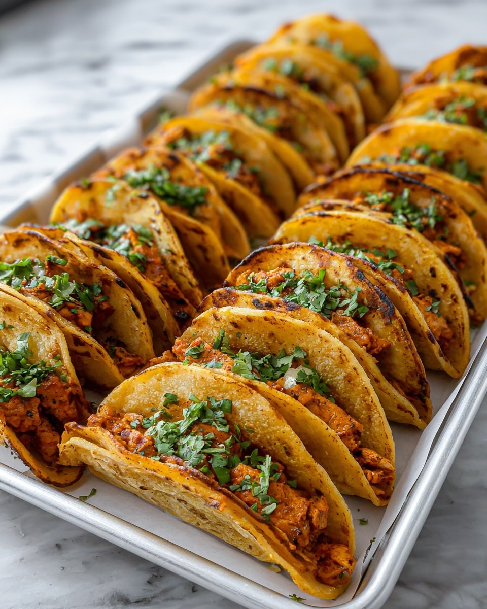A metal baking tray with white paper holds rows of small tacos. Each taco has two layers of soft, golden-yellow corn tortillas folded in half. Inside, there is one thick layer of shredded, orange grilled pineapple with charred edges showing a slightly crispy texture. Bright green chopped cilantro is sprinkled over the tacos and around on the paper. The background surface is white marble. photo taken with an iphone --ar 4:5 --v 7