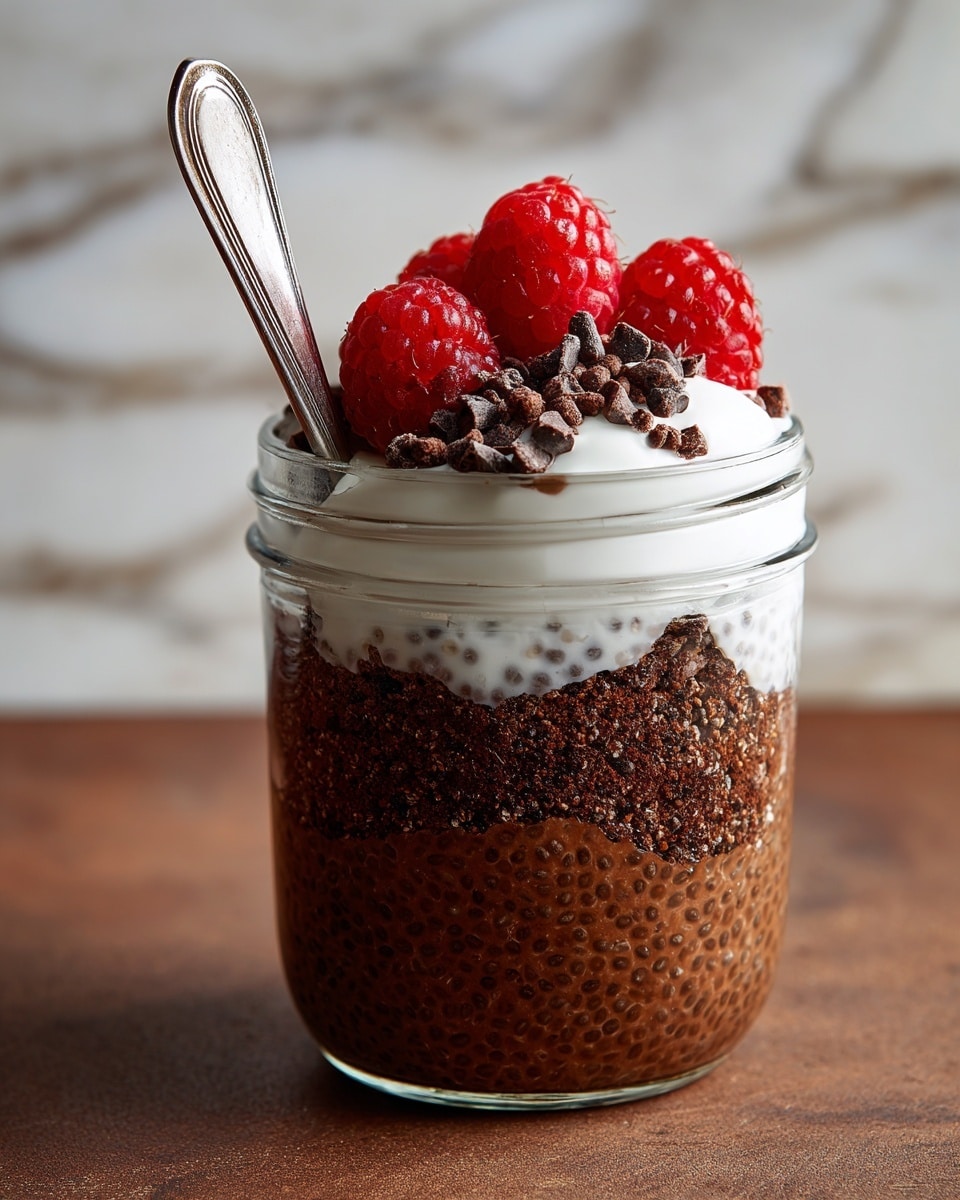 A clear glass jar filled with a thick, dark brown chia pudding that has tiny seeds visible throughout. The top layer includes a dollop of white cream placed on one side near the rim, three fresh red raspberries arranged closely on the other side, and small pieces of dark brown cacao nibs scattered over the pudding surface. A silver spoon is inserted diagonally into the jar from the left side, leaning against the cream. The jar sits on a white marbled surface with a blurred background that includes another jar and scattered raspberries. Photo taken with an iphone --ar 4:5 --v 7