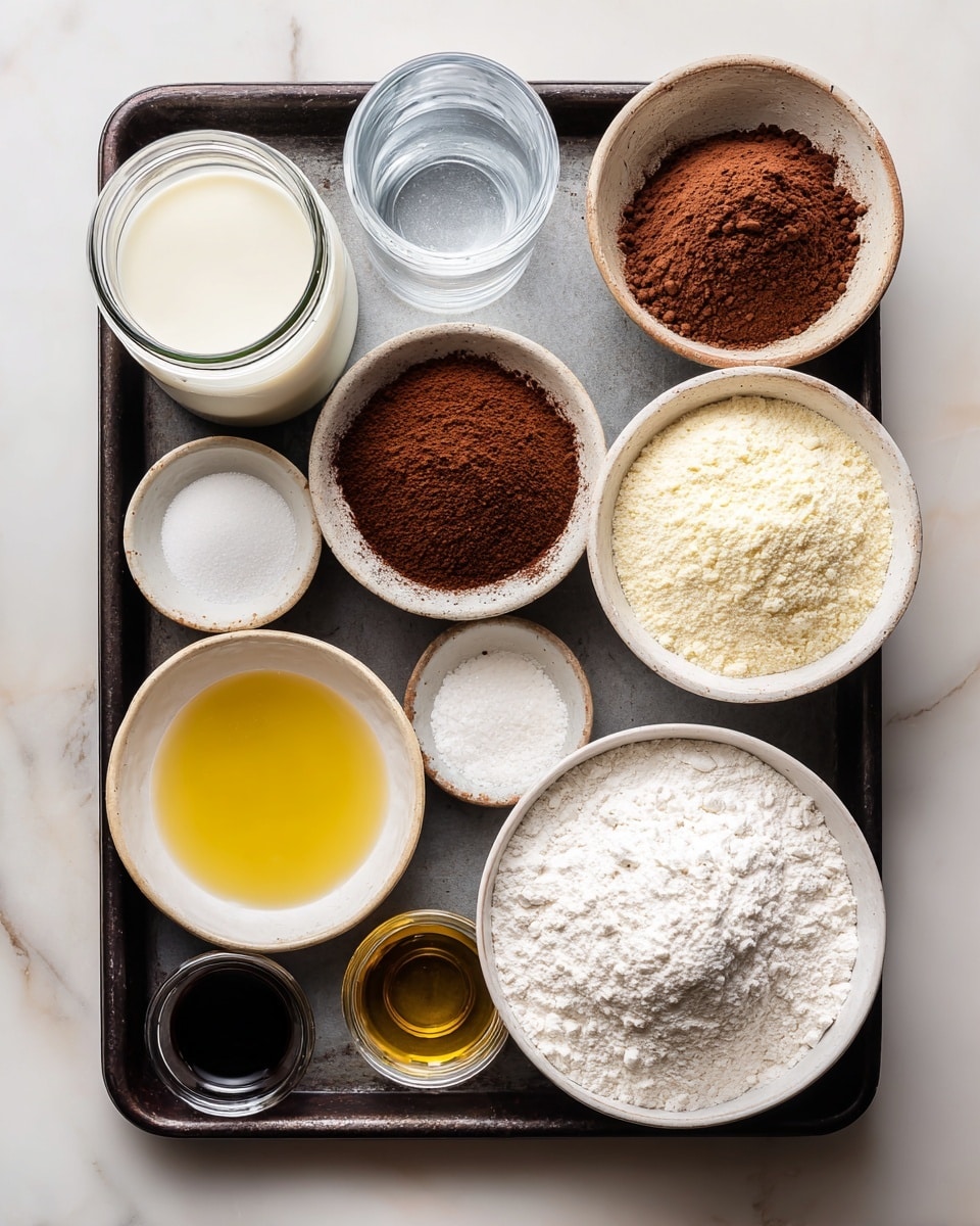 A black baking tray with several small white bowls and glass jars arranged neatly on a white marbled surface. In the top left is a glass jar with milk, next to it on the right is a tall glass of hot water. Below the milk jar is a small white bowl with a mixture of baking soda, powder, and salt. Next to that on the right is a small white bowl filled with dark brown cocoa powder. Below the baking soda bowl is a large white bowl with white sugar, and next to the cocoa on the right is a large white bowl filled with light yellow almond flour. Below the cocoa powder is a small glass bowl with golden oil, with a smaller glass bowl containing clear vinegar placed in front of it slightly to the right. To the bottom left corner is a small glass bowl with dark maple syrup, with a tiny black container holding dark vanilla extract below the oil. On the bottom right corner is a big white bowl filled with white gluten free flour. photo taken with an iphone --ar 4:5 --v 7