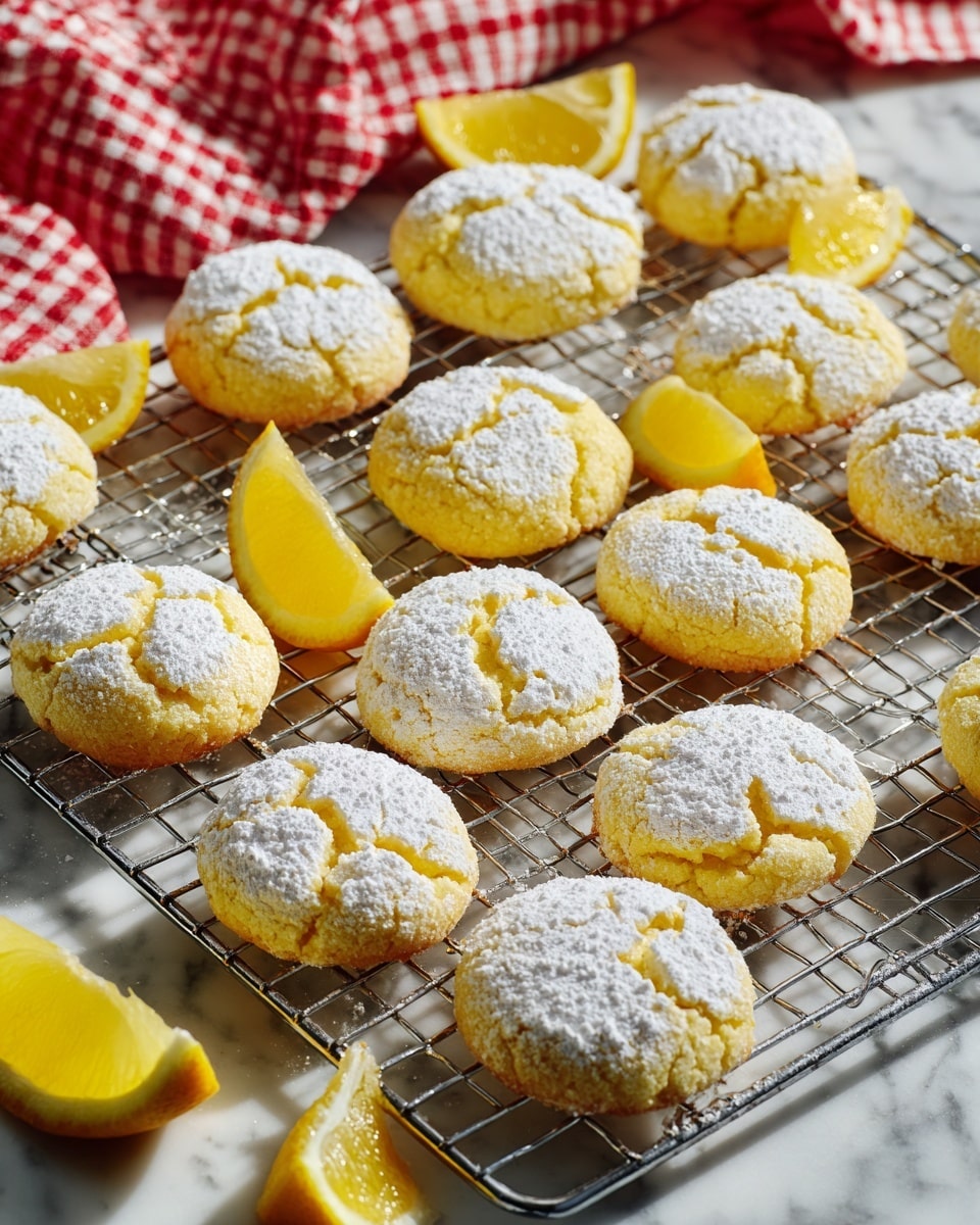 A baking rack holds about fifteen round lemon cookies with a cracked surface covered in white powdered sugar, showing the soft yellow cookie underneath. Scattered lemon wedges with bright yellow skin and fresh lemon pulp are placed among the cookies. The baking rack sits on a white marbled surface, and a red and white checkered cloth is visible in the corner. The scene shows a close-up, bright and natural light setting photo taken with an iphone --ar 4:5 --v 7