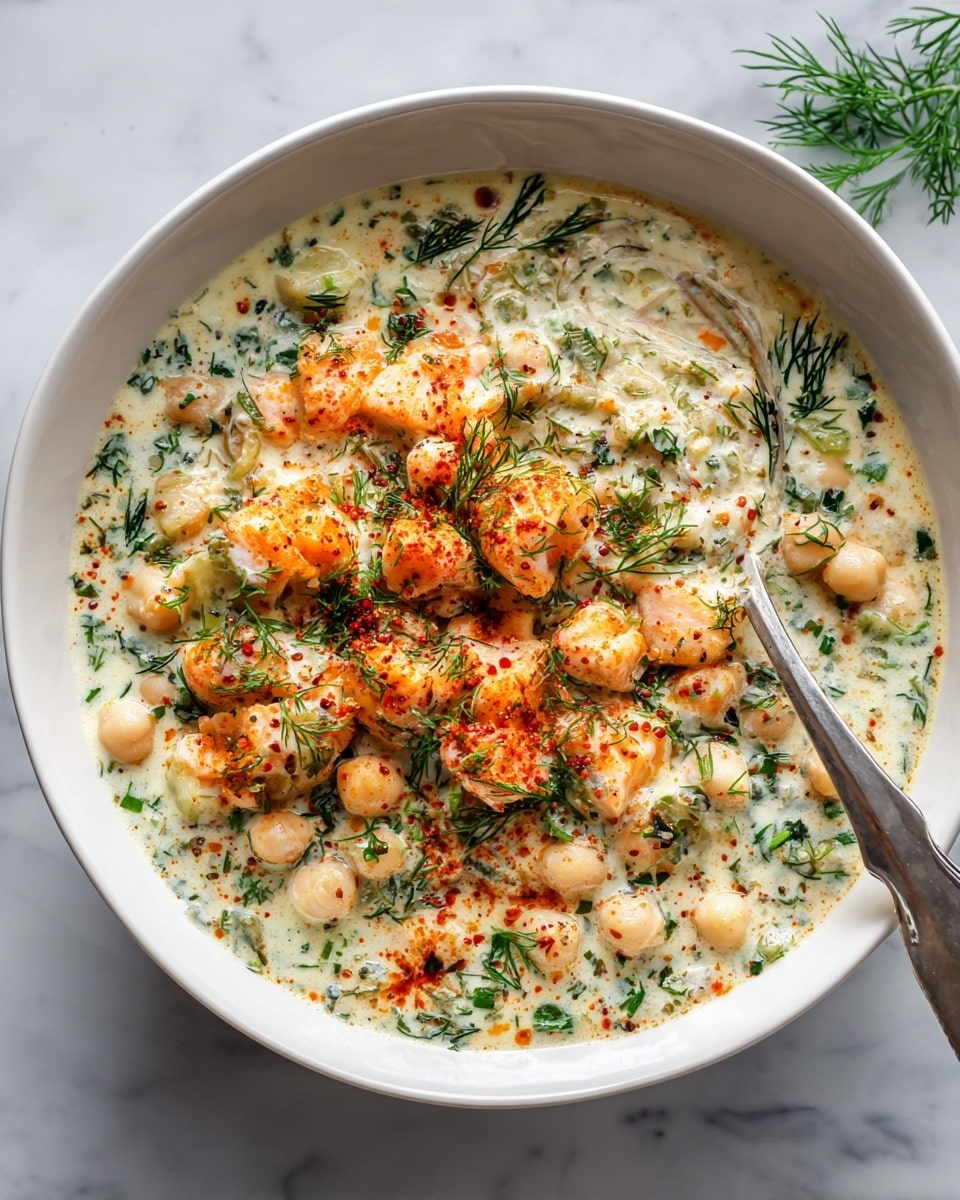 The image shows a white bowl filled with two main layers: a creamy white sauce mixed with chickpeas and green herbs like dill, and on top, a layer of light orange flaky fish pieces scattered generously. Some green dill sprigs and a light dusting of red spice sit on the fish layer, adding color contrast. A silver spoon rests inside the bowl on the right side, partially covered by the sauce and chickpeas. The bowl is placed on a white marbled surface with a small green herb in the top right corner. photo taken with an iphone --ar 4:5 --v 7
