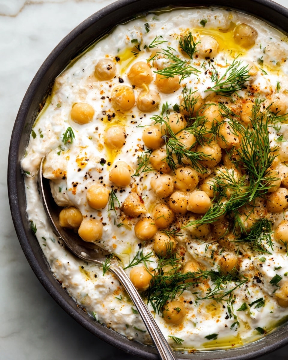 A dark bowl filled with a creamy white mixture that has many small, light beige beans spread evenly throughout. The creamy mixture is slightly textured and topped with several small green dill sprigs scattered on the surface. There is a drizzle of bright yellow oil over the cream and beans, adding a glossy finish. A silver spoon rests inside the bowl, partly submerged in the food, with some of the creamy mixture and beans on it. The bowl is placed on a white marbled surface photo taken with an iphone --ar 4:5 --v 7