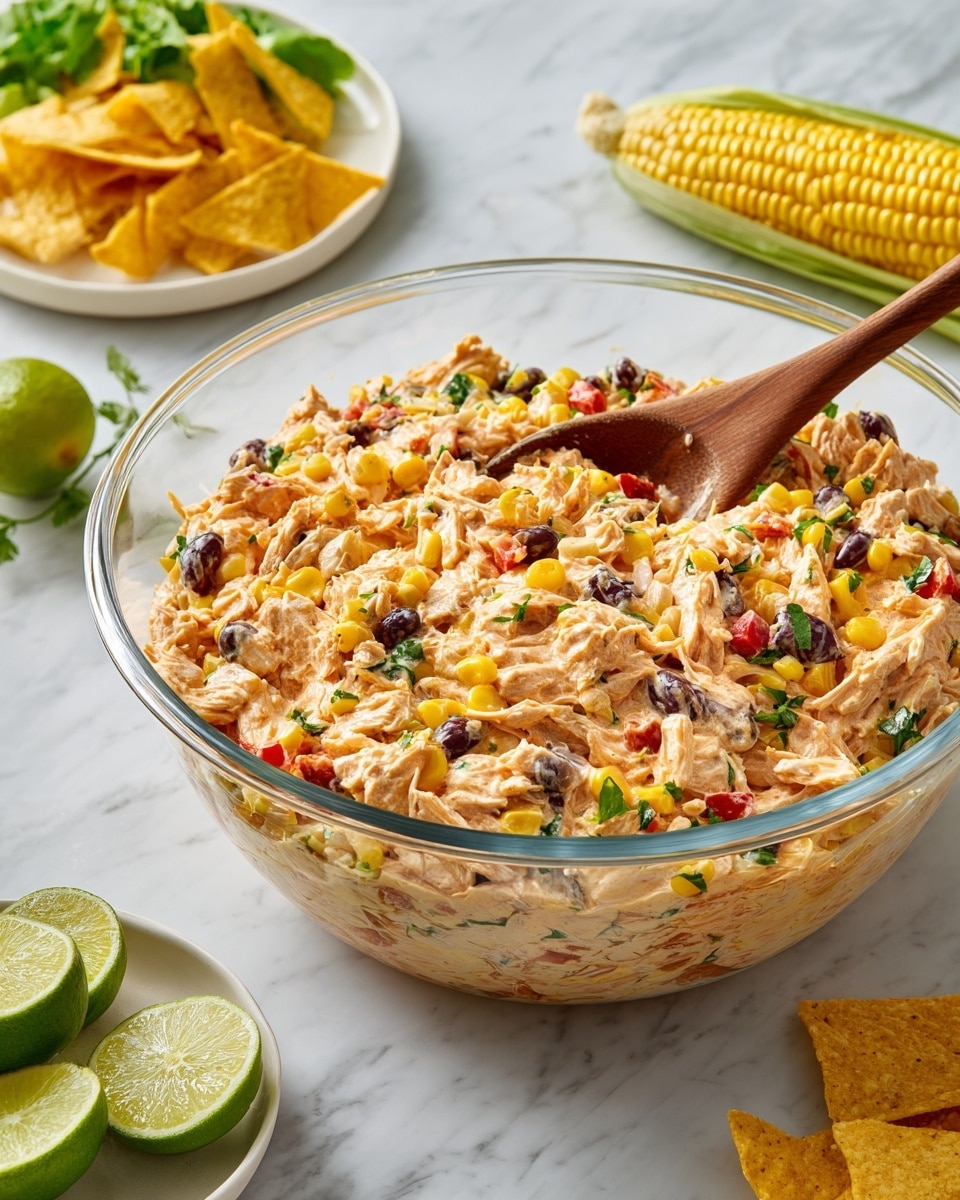 The image shows a large clear glass bowl filled with a creamy, chunky chicken salad mixed with vibrant ingredients. The salad has layers of shredded light beige chicken, bright yellow corn kernels, shiny black beans, small diced red peppers, and bits of fresh green herbs, all coated in a thick, orange-tinged creamy dressing. A wooden spoon is placed inside the bowl, ready to serve. Around the bowl, there are light yellow tortilla chips, a white plate with sliced green lettuce and lime wedges, and a yellow ear of corn, all set on a white marbled surface. Photo taken with an iphone --ar 4:5 --v 7