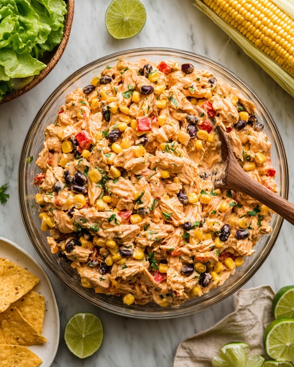 The image shows a clear glass bowl filled with a colorful, creamy salad made of shredded chicken, yellow corn, black beans, red bell peppers, and green herbs, all mixed together with a light orange sauce. A wooden spoon is scooping some of the salad from the bowl. Around the bowl, there is a white marbled surface with a piece of corn on the cob at the bottom right and some white tortilla chips scattered nearby. In the background, there is a plate with lime slices, a partially visible purple onion, and some greens, all softly blurred. Photo taken with an iphone --ar 4:5 --v 7