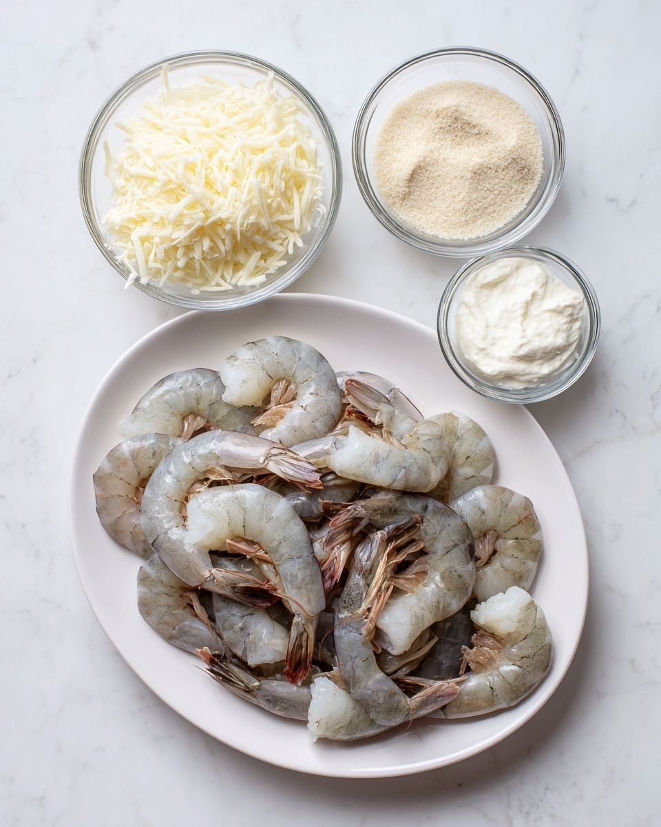 A white oval plate holds a layer of raw shrimp, grayish in color with pinkish tails, arranged close together covering the plate. Above the plate, three small glass bowls are placed in a horizontal line on a white marbled surface. From left to right, the first bowl is filled with shredded white cheese, the second contains a thick white creamy substance, and the third has a light beige granular powder. Photo taken with an iphone --ar 4:5 --v 7