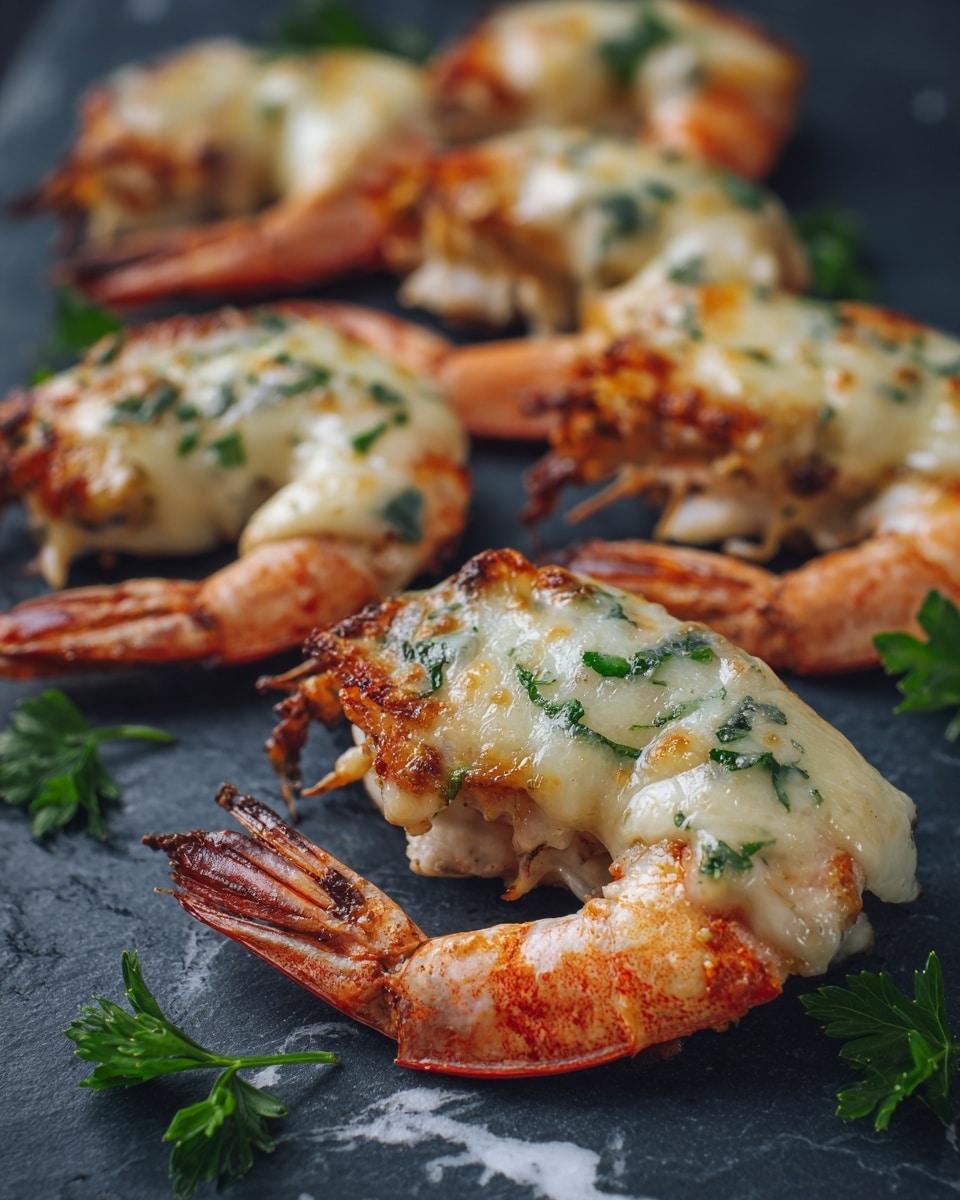 The image shows a group of grilled shrimp halves placed on a dark surface changed to white marbled texture, each shrimp has three layers: the shell forming the base which is orange-pink and holds the shrimp, a juicy cooked shrimp layer inside the shell which is pale white and firm, and a melted cheese layer on top that is creamy white with light golden brown spots. Small green parsley pieces are sprinkled over the shrimp and scattered around to add color contrast. The shrimp are arranged casually but closely together, showing the texture and color details clearly. photo taken with an iphone --ar 4:5 --v 7