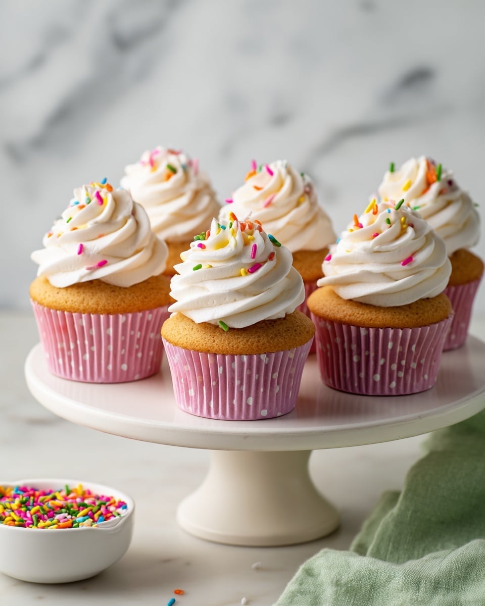 A group of seven cupcakes arranged closely together on a white cake stand with a smooth pedestal. Each cupcake has a golden brown cake base wrapped in pink paper liners with white polka dots. On top, there is a thick swirl of white creamy frosting forming three visible layers of smooth, fluffy texture. Brightly colored rainbow sprinkles in pink, yellow, green, red, and purple are scattered over the frosting, adding small pops of color. The background has a white marbled texture and a white bowl with extra sprinkles is partially visible on the left side near the base of the stand. A soft green cloth is slightly folded and placed nearby on the right. Photo taken with an iphone --ar 4:5 --v 7