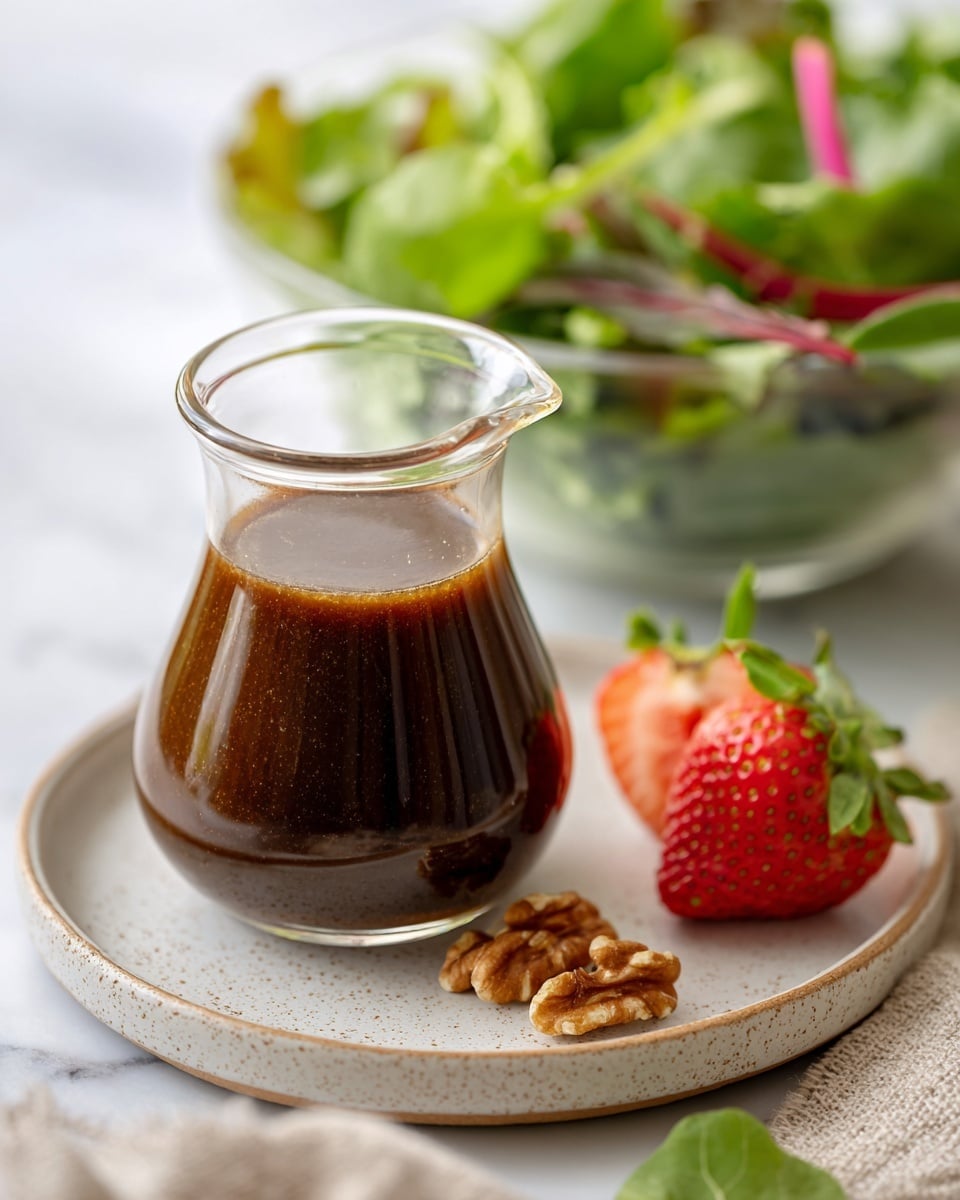 A white plate filled with fresh mixed salad leaves including green and purple leafy greens, topped with bright red whole and sliced strawberries scattered across the salad. There are unevenly chopped light brown walnuts spread throughout. A woman's hand is pouring a light brown dressing from a small glass jug over the salad. The plate is placed on a white marbled surface with a light gray and white striped cloth nearby. To the right, there are empty wooden plates and forks, and in the front right corner, wooden salad serving spoons rest on the surface. photo taken with an iphone --ar 4:5 --v 7