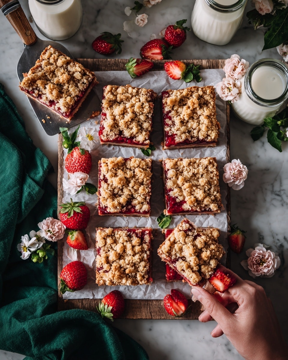 The image shows eight square pieces of strawberry crumble bars on white parchment paper, placed on a wooden board over a white marbled surface. Each bar has a red strawberry filling layer topped with a golden brown crumbly oat mixture that has a rough texture. Fresh whole and halved strawberries sit around the bars along with small white flowers with pale pink centers. Two glass bottles of milk are at the top, one partially cut off. A woman's hand is holding a metal spatula with a wooden handle, lifting one bar on the left side. A dark green cloth is folded on the left edge of the image. Photo taken with an iphone --ar 4:5 --v 7