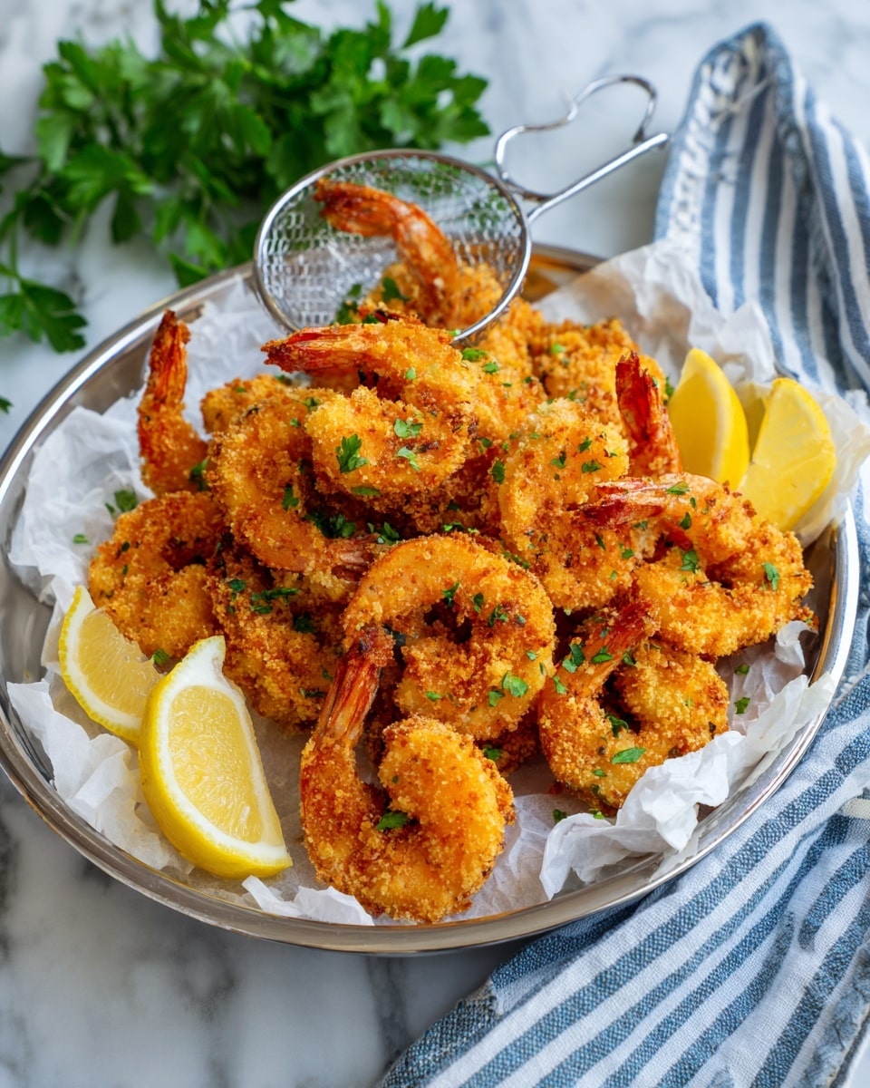The image shows a silver tray lined with white paper towels holding many crispy, golden-brown fried shrimp scattered all across. The shrimp are coated with a textured crunchy breading that is a mix of light and darker golden shades. Small green herb pieces are sprinkled on top of the shrimp, adding a fresh green contrast. Yellow lemon wedges are placed unevenly around the shrimp, giving bright pops of color. A silver wire skimmer is resting on the tray with some shrimp inside it. In the background, fresh green parsley leaves are partially visible, and the tray sits on a white marbled surface with a striped blue and white cloth beside it. Photo taken with an iphone --ar 4:5 --v 7